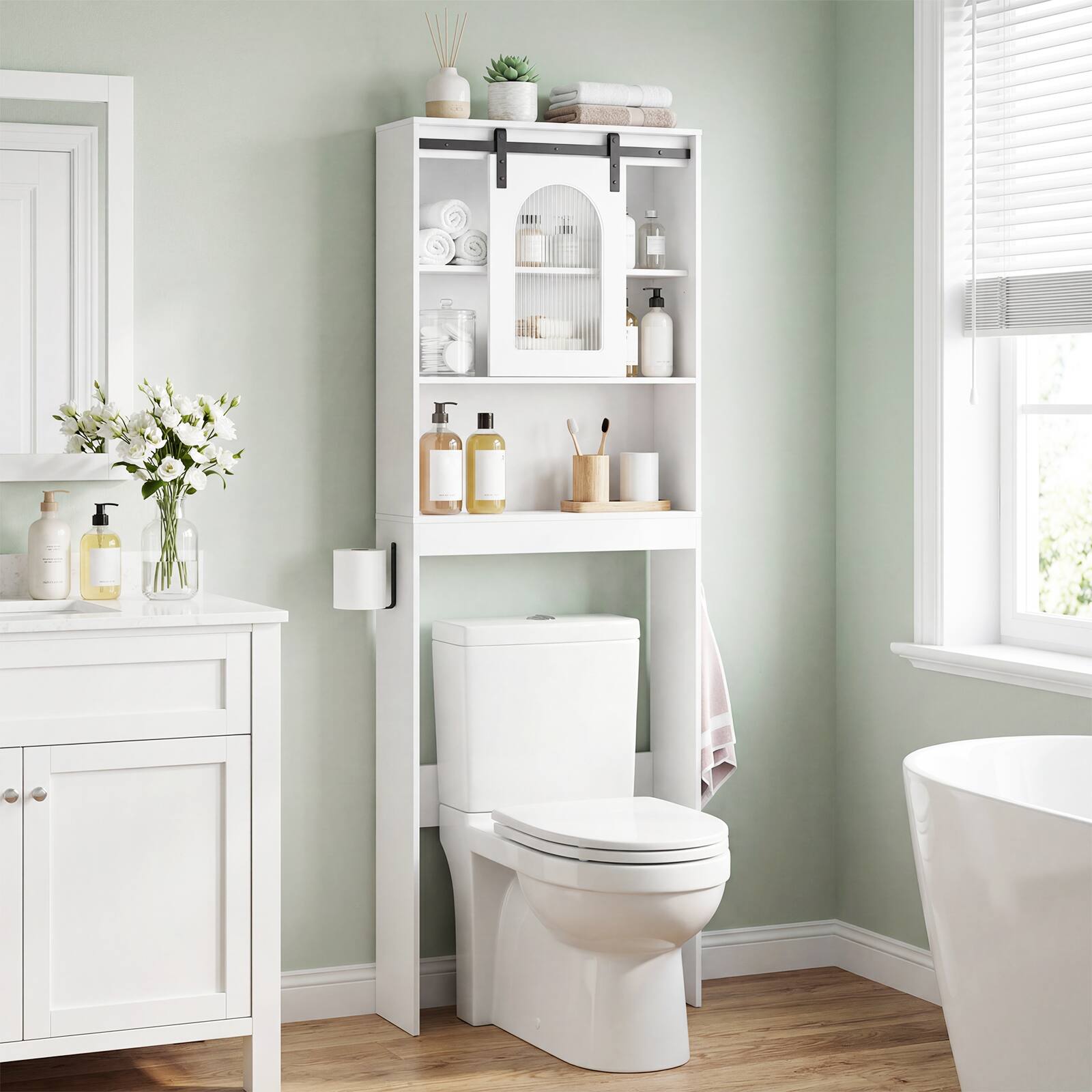 Alt View 1. Costway - Costway Over Toilet Storage Cabinet with Sliding Barn Door Toilet Paper Holder Open Shelves - White.