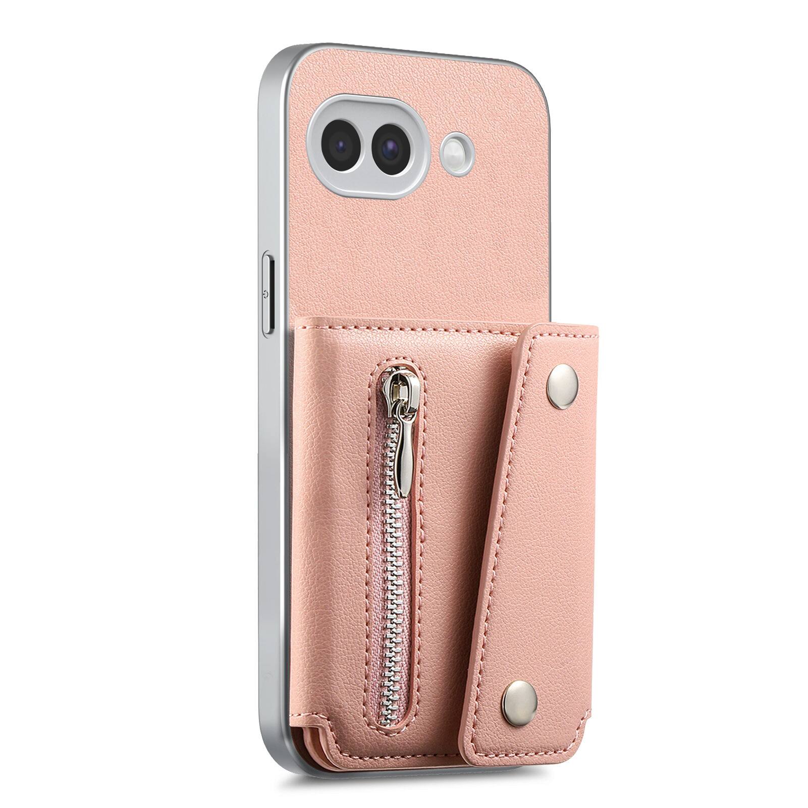 Angle. Dteck - PU Leather Wallet Case for Google Pixel 10a, Shockproof Kickstand Phone Cover with Card Slots and Zipper Pocket - Pink.