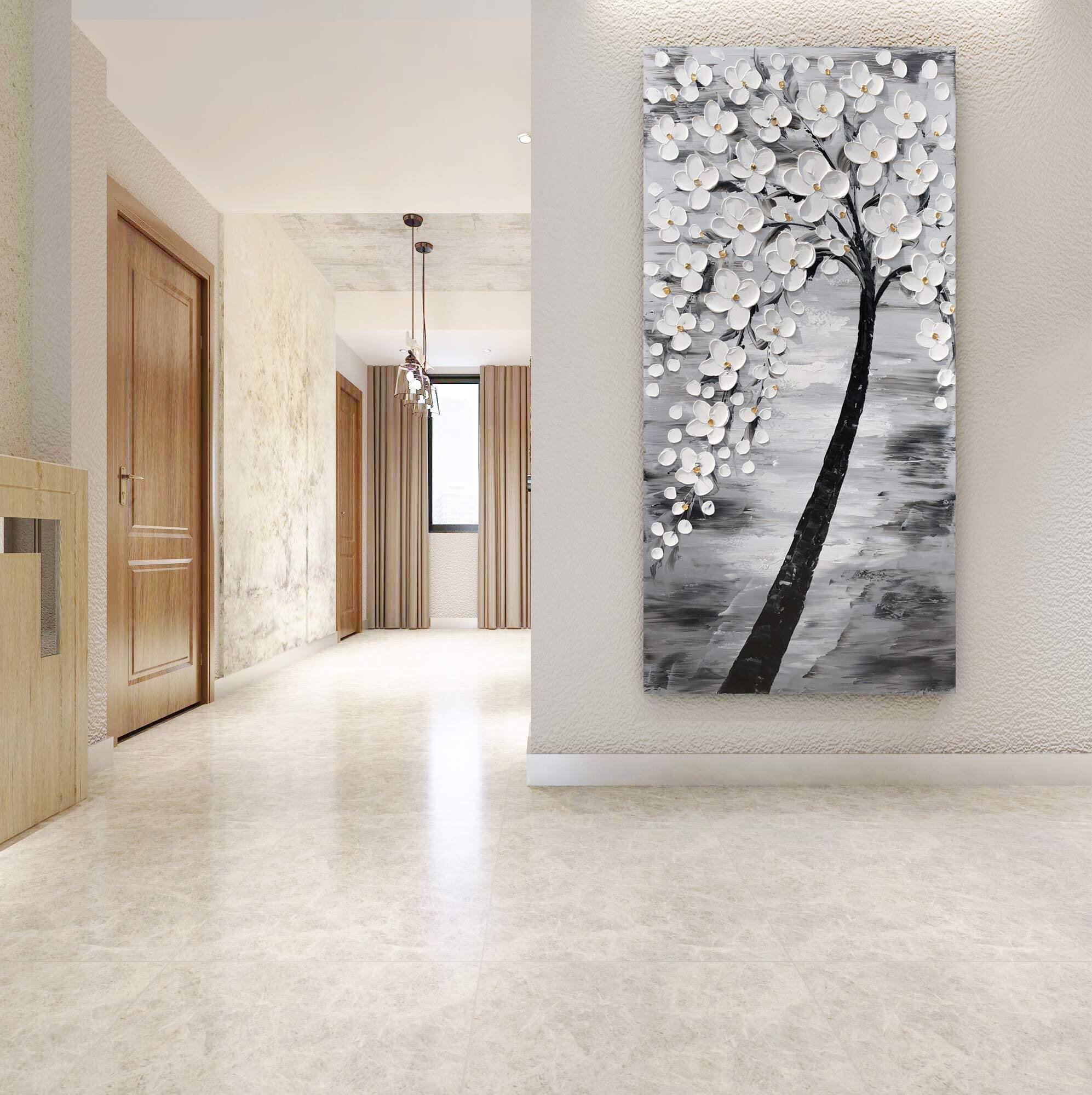 Alt View 3. Hirose Alice - Yihui Arts Hand-Painted Textured Blossom Tree Art on Canvas & Toned Floral Painting for Modern Home Decor - Vertical Flower Art 40"L x 20"W.