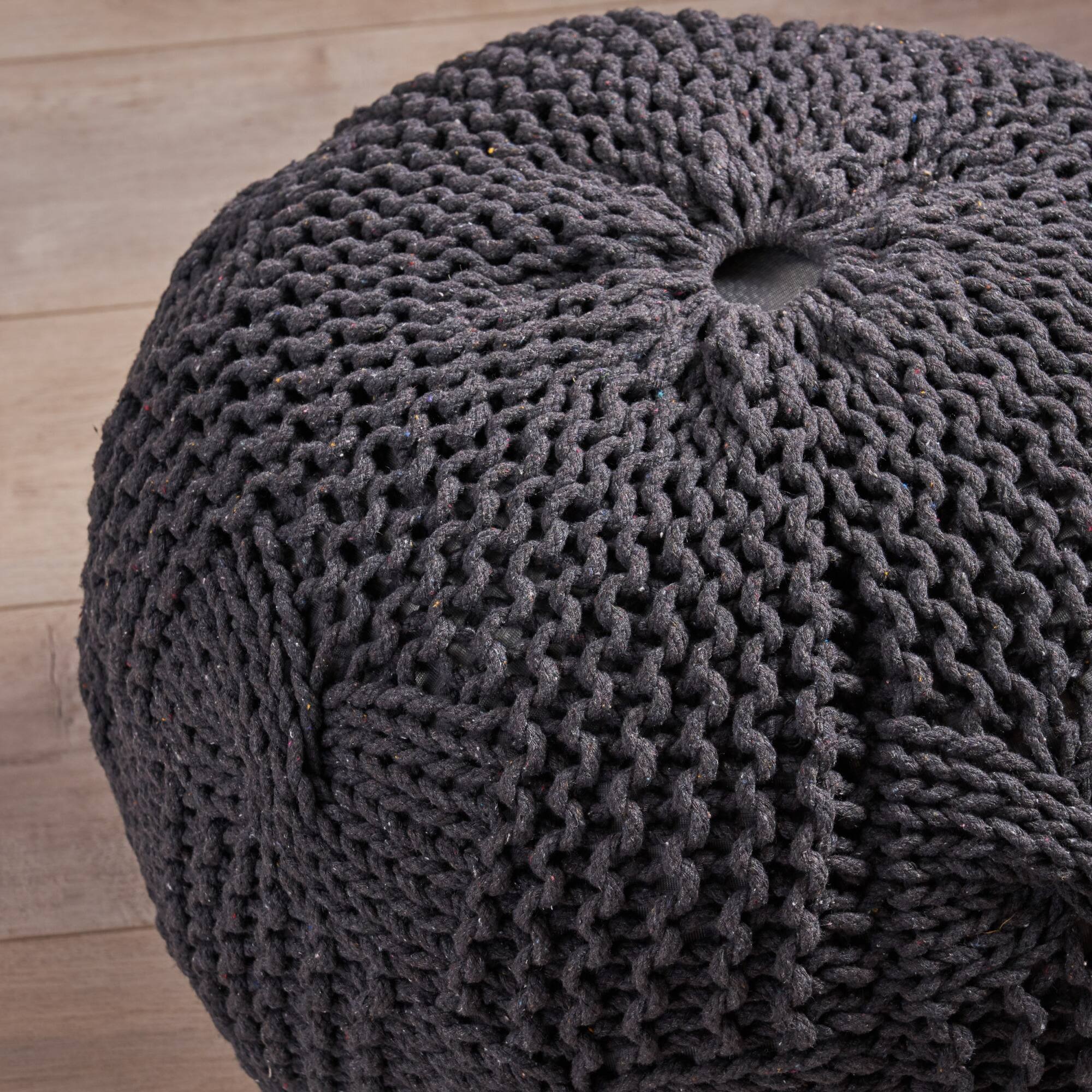 Back. GOODSILO - Handcrafted Knitted Cotton Round Pouf Ottoman and Floor Cushion in Neutral Beige - Dark Gray.