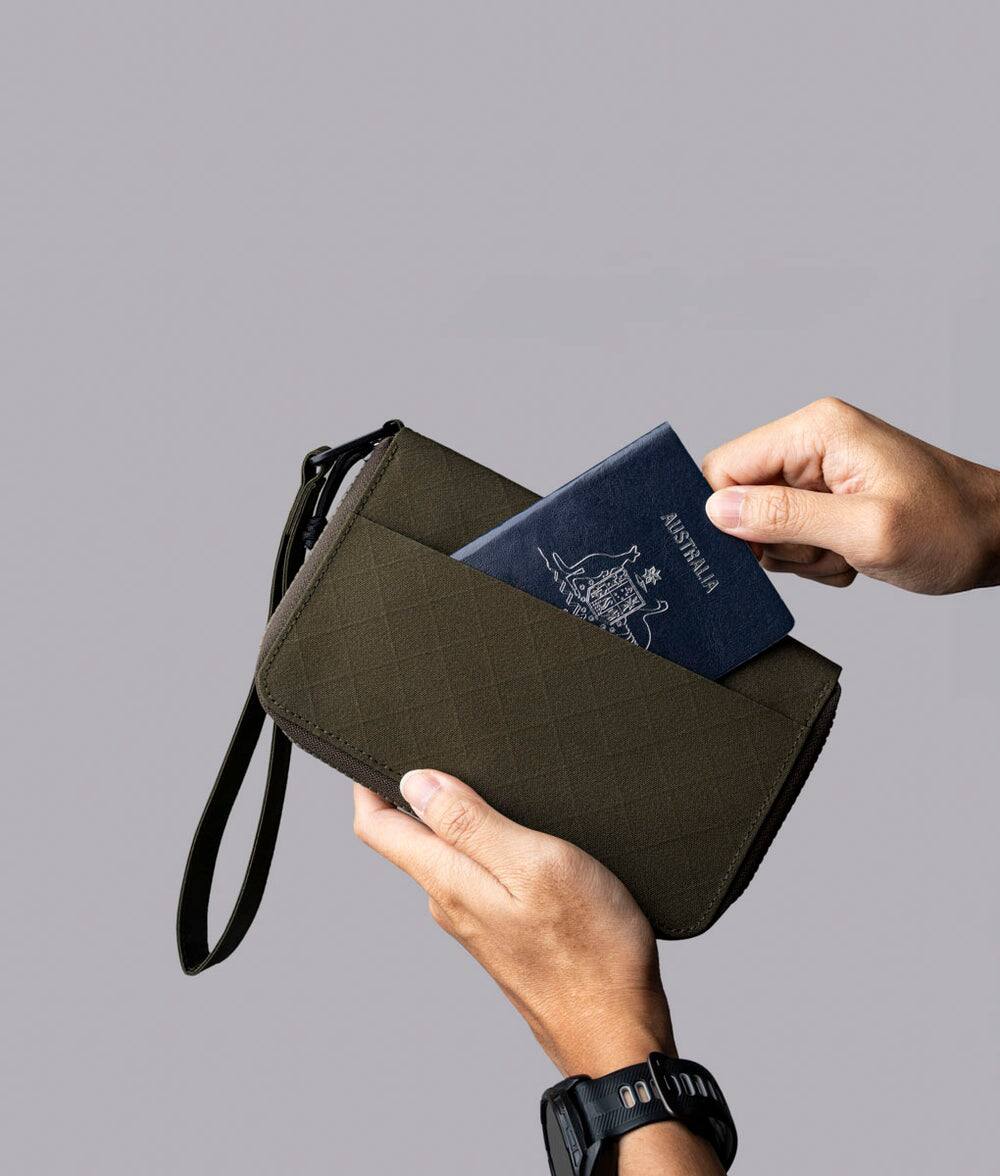 Alt View 6. ALPAKA - RFID Zip Passport Wallet with Boarding Pass Pocket, 7 Card Slots, Magnetic Flaps, Detachable Hand Strap - Army Green Axogrid 300D.