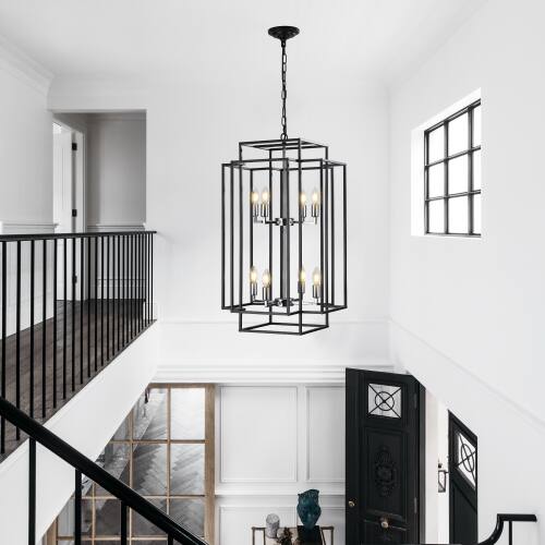 Left. LUCKY ONE - 18in Hanging Geometric Chandelier, 8-Light Black Chrome Pendant Light for Dining Room Kitchen Island - Chrome.