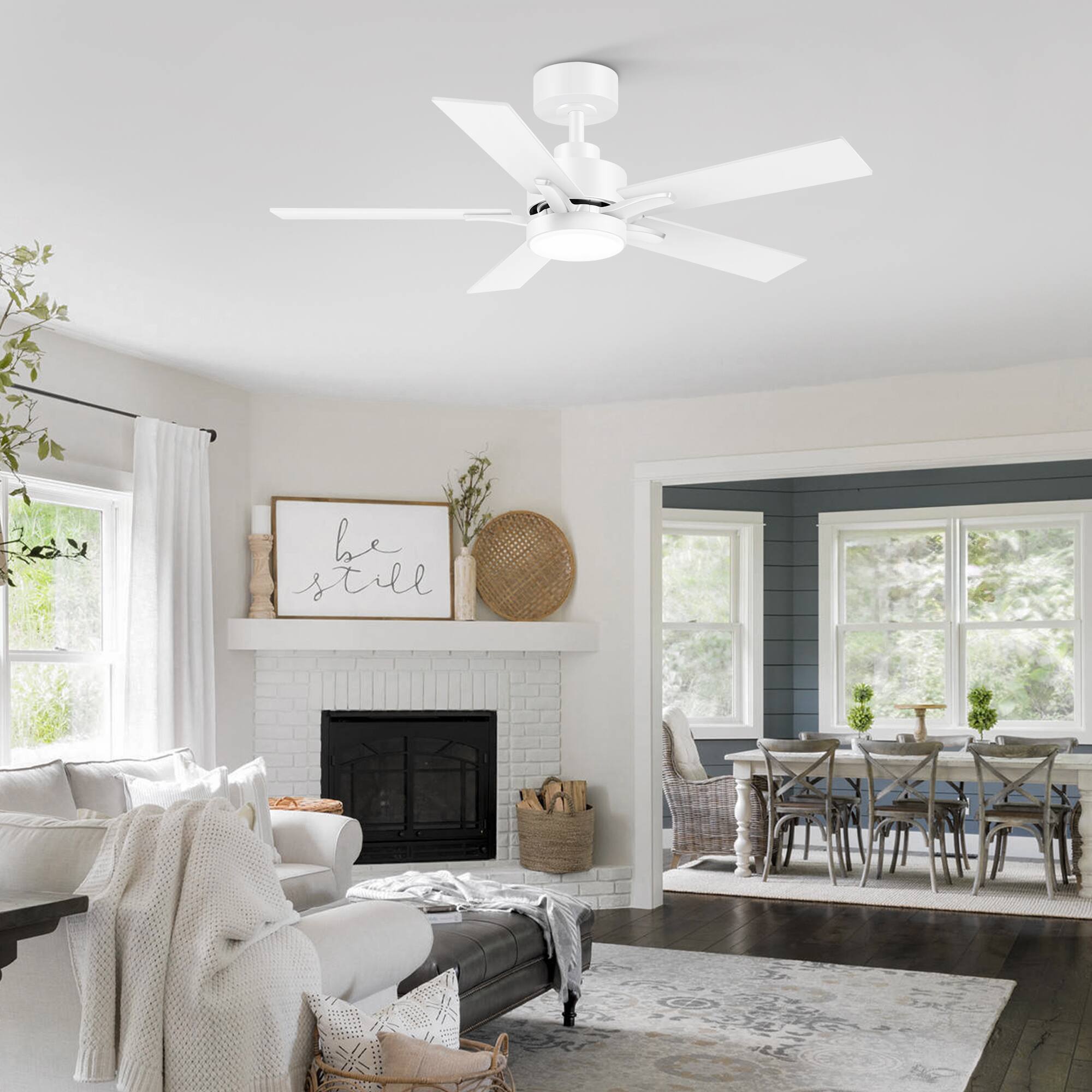 Alt View 5. Breezary - 42-in Integrated LED Ceiling Fan with Remote, 3-Color Light, 5 Blades, Reversible DC Motor - Matte White.