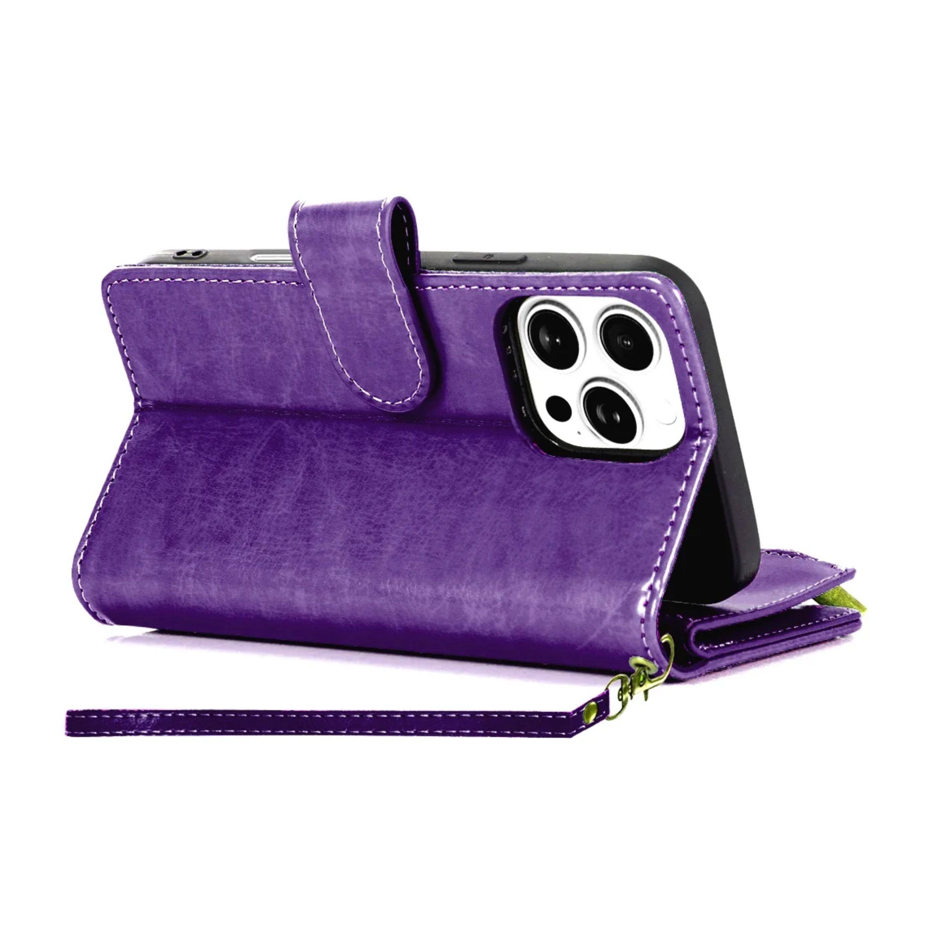 Back. Kitcheniva - PU Leather Phone Wallet Zipper With Tempered Glass For iPhone 16 Pro Max Dark Purple - Dark Purple.