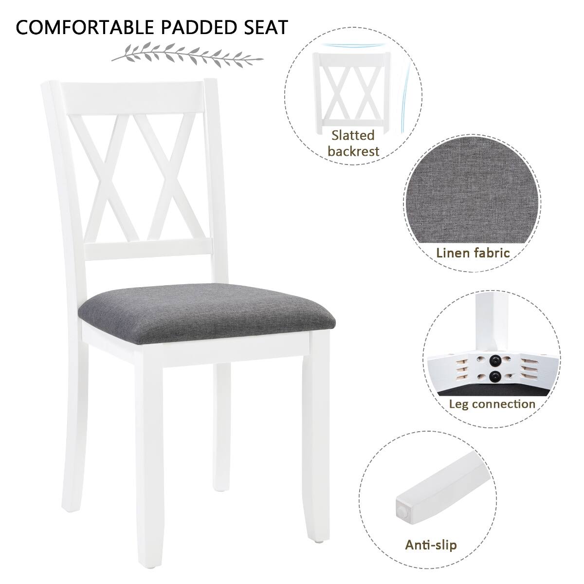 COMFORTABLE PADDED SEAT

- Slatted backrest
- Linen fabric
- Leg connection
- Anti-slip