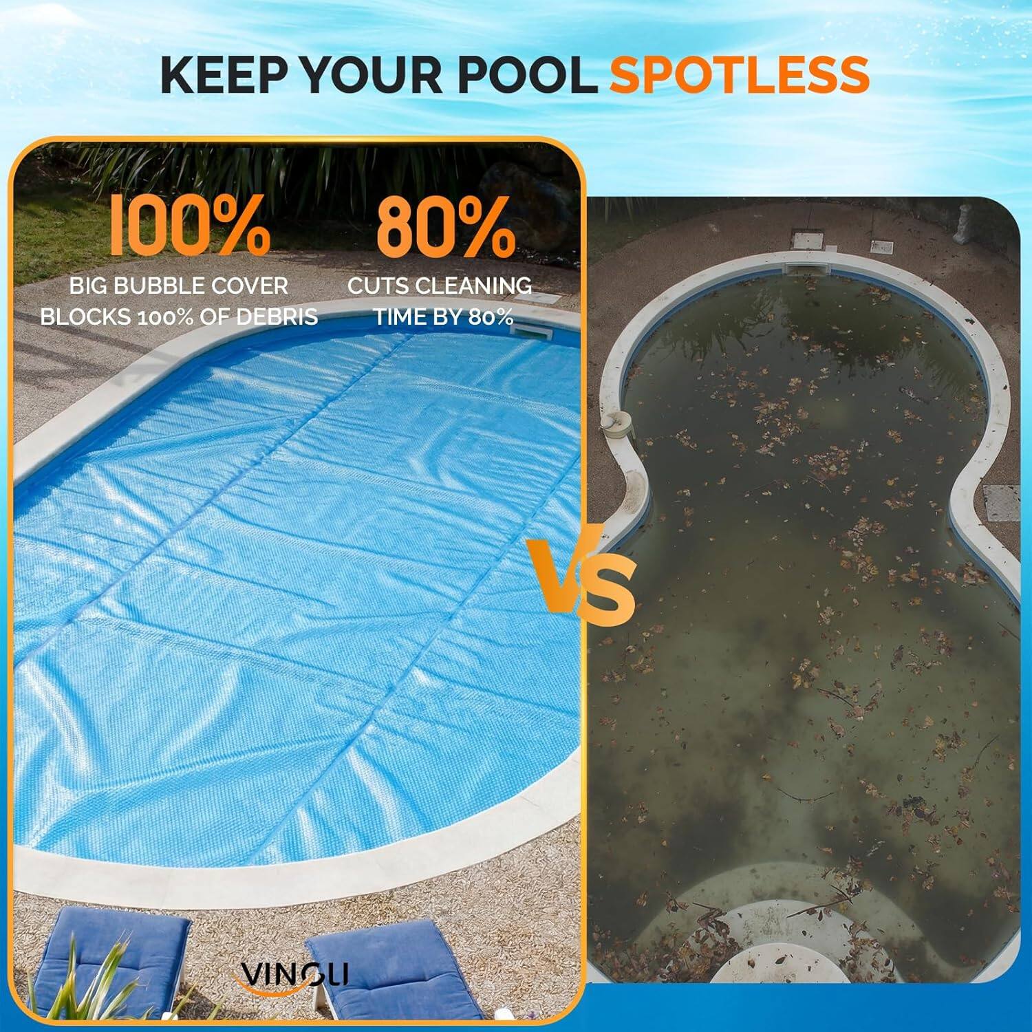 KEEP YOUR POOL SPOTLESS

100%
BIG BUBBLE COVER
BLOCKS 100% OF DEBRIS

80%
CUTS CLEANING TIME BY 80%

VS

VINOLI