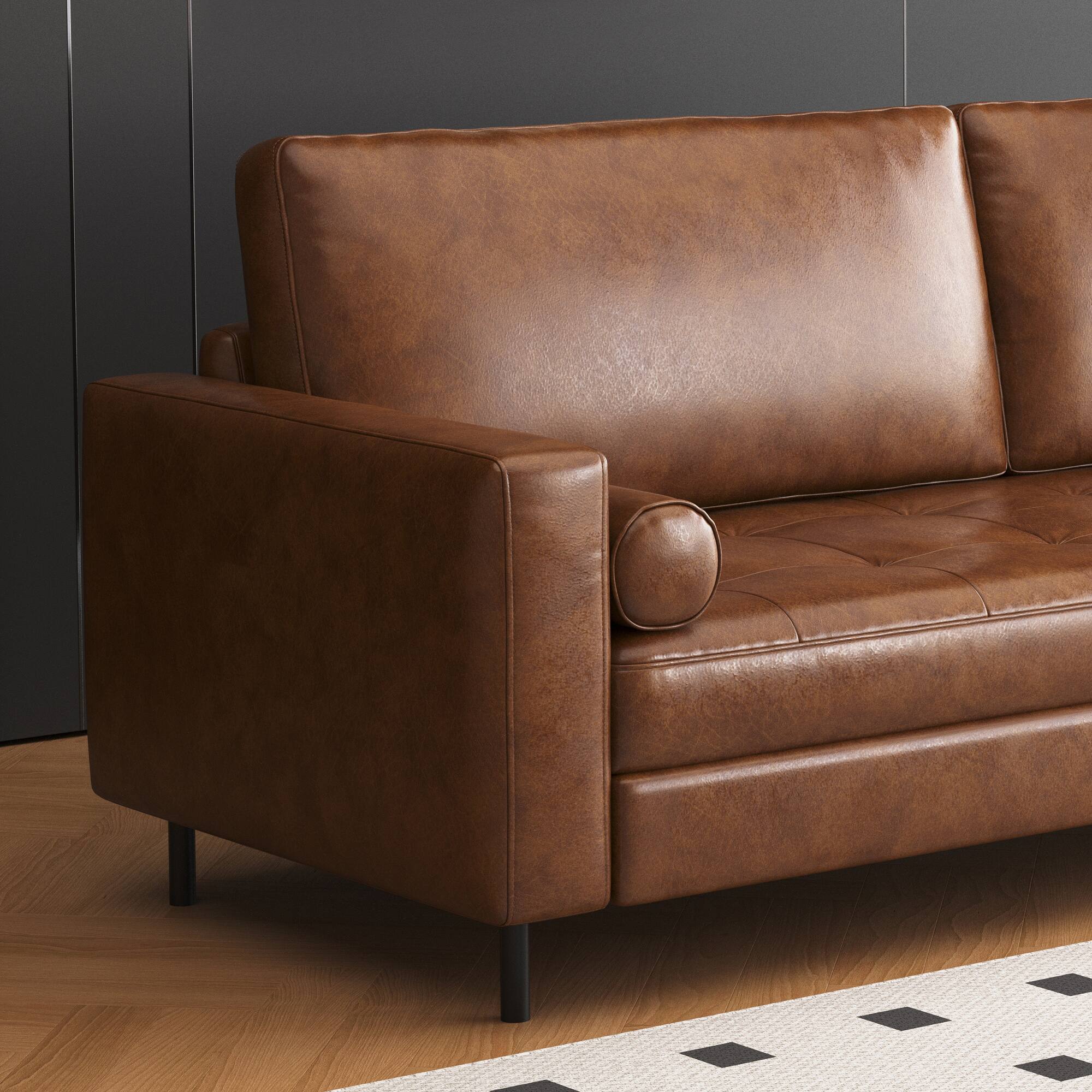 Back. luck idea - 80.31" Vintage High-End Oil-Waxed Leather Sofa with Solid Frame for Living Room - Brown.