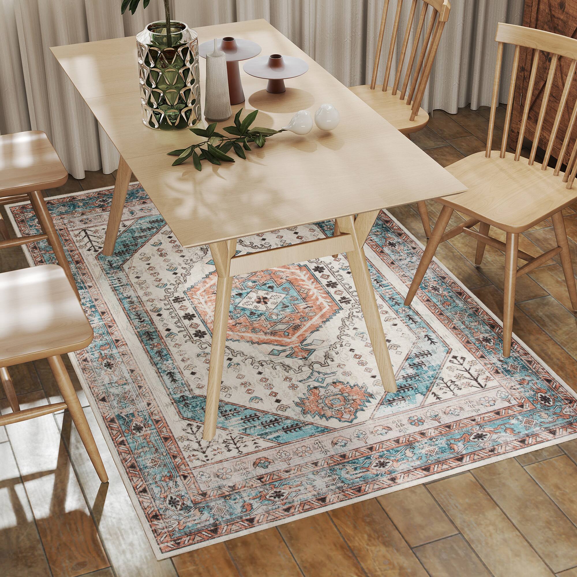 Alt View 7. Homcom - Washable Area Rug, 4'x6' Vintage Indoor Distressed Carpet, Retro Floor Cover Foldable, Floral Print Mat for Living Room - Brown and Blue.