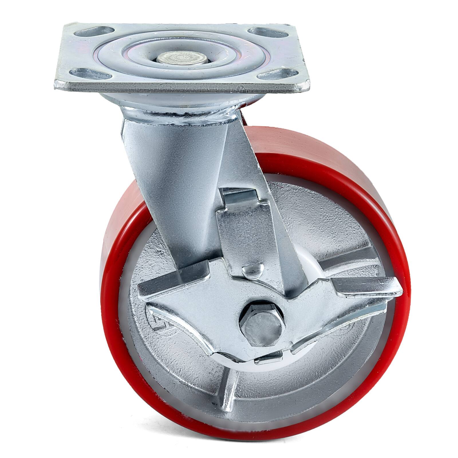 Alt View 5. VEVOR - 4 Pack 6 x 2 Inch Caster Wheels 2 Rigid and 2 Swivel Casters with Side Brake Polyurethane Iron Core Plate - Red;Silver.