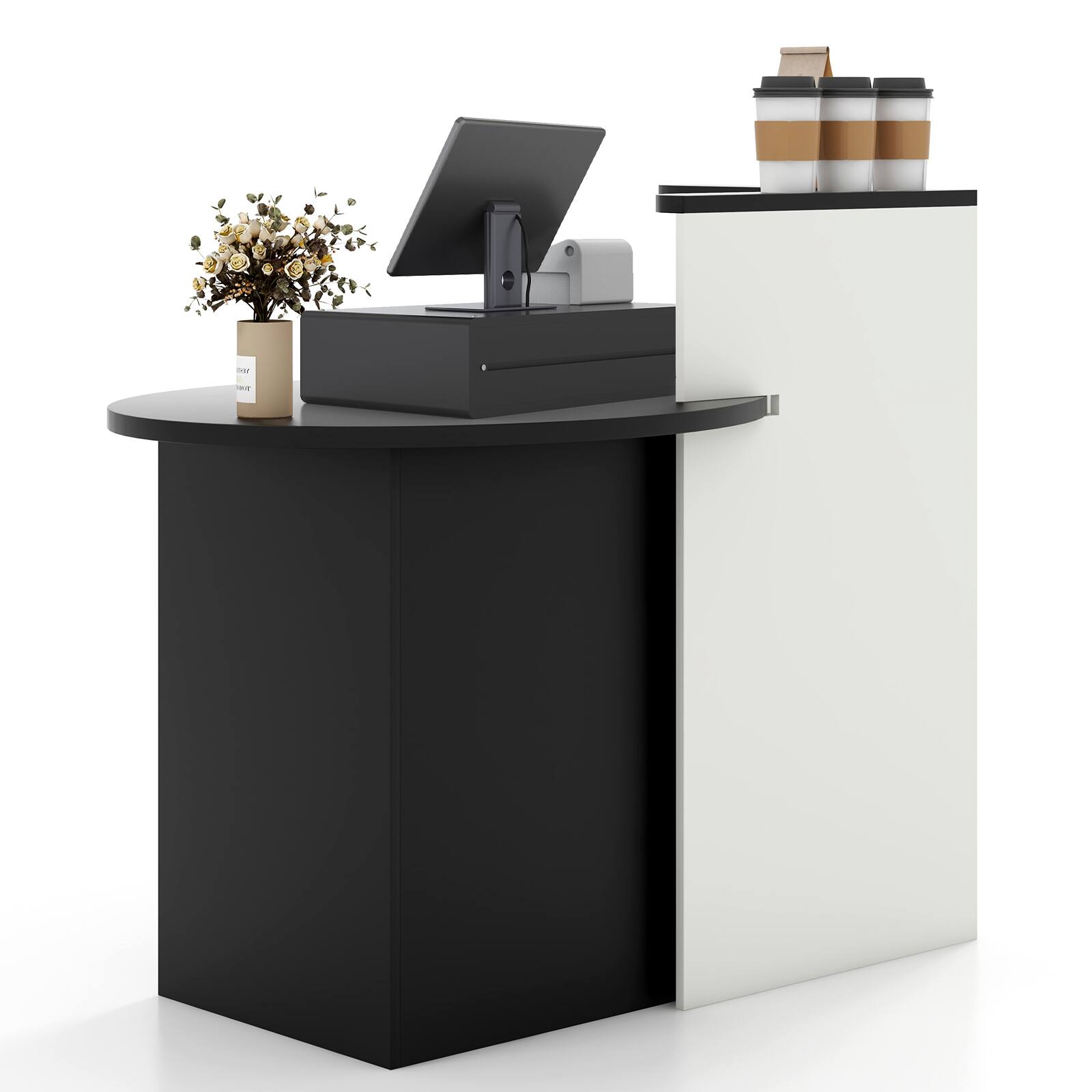 Alt View 9. Costway - Costway Front Reception Counter Desk Checkout Office Desk with Open Shelf & Lockable Drawer Black - White，Black Right desktop.