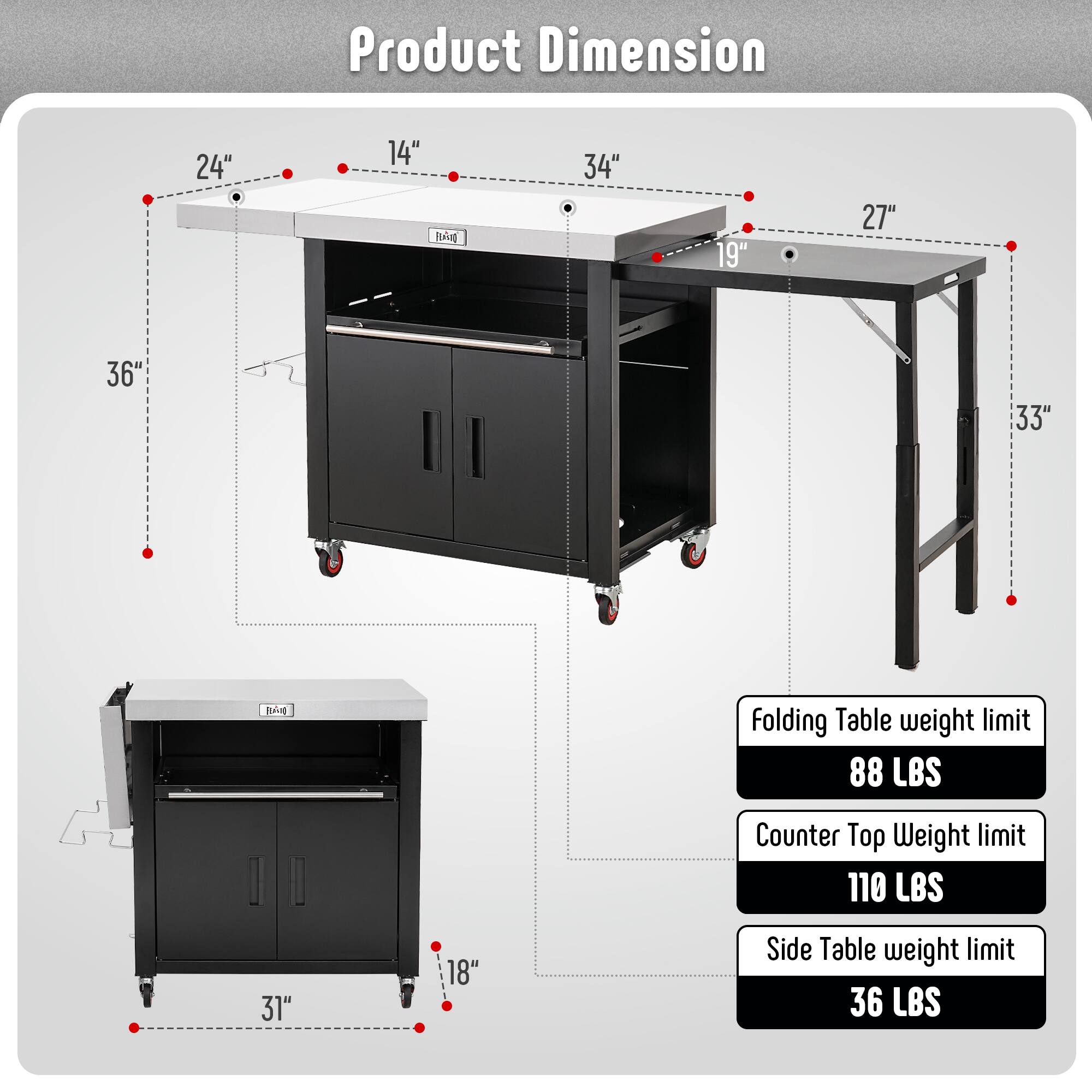 Product Dimension

- 24" x 14"
- 34" x 19"
- 27" x 33"
- 36" x 18"

Folding Table weight limit: 88 LBS

Counter Top Weight limit: 110 LBS

Side Table weight limit: 36 LBS