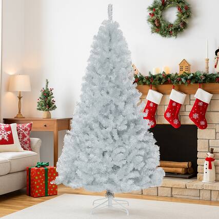 Front. BreeBe - Unlit 7.5FT Silver Tinsel Tree – Artificial Christmas Decor with Hinged Setup - Silver.