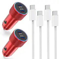 Front. Luckbyte - 2 Pack Dual USB C Car Charger with 3FT Braided USB C Cables, Aluminum Adapter, Red.