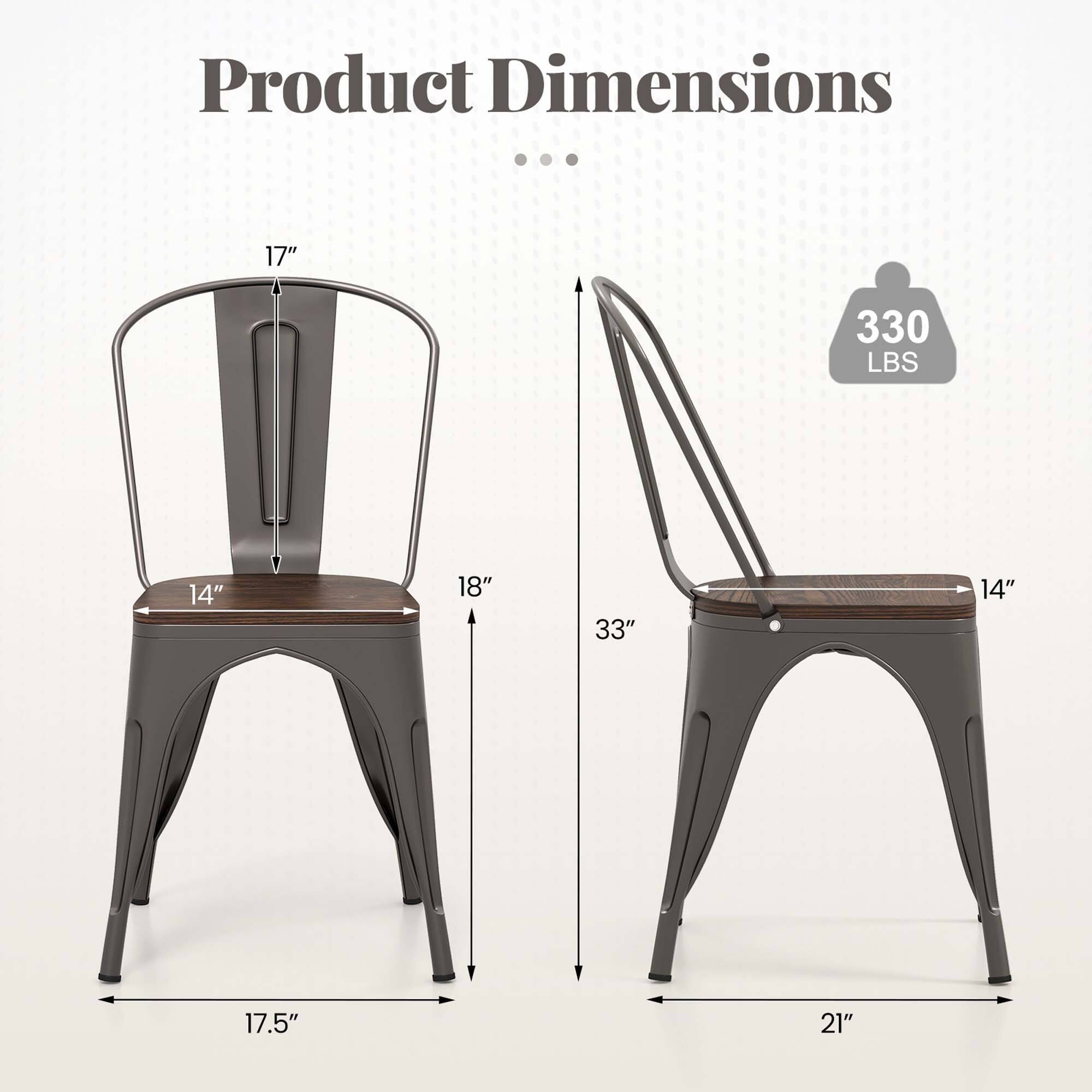 Product Dimensions

- 17" (height of the backrest)
- 14" (seat width)
- 18" (seat depth)
- 17.5" (seat width)
- 33" (overall height)
- 21" (overall width)
- 330 LBS (weight capacity)