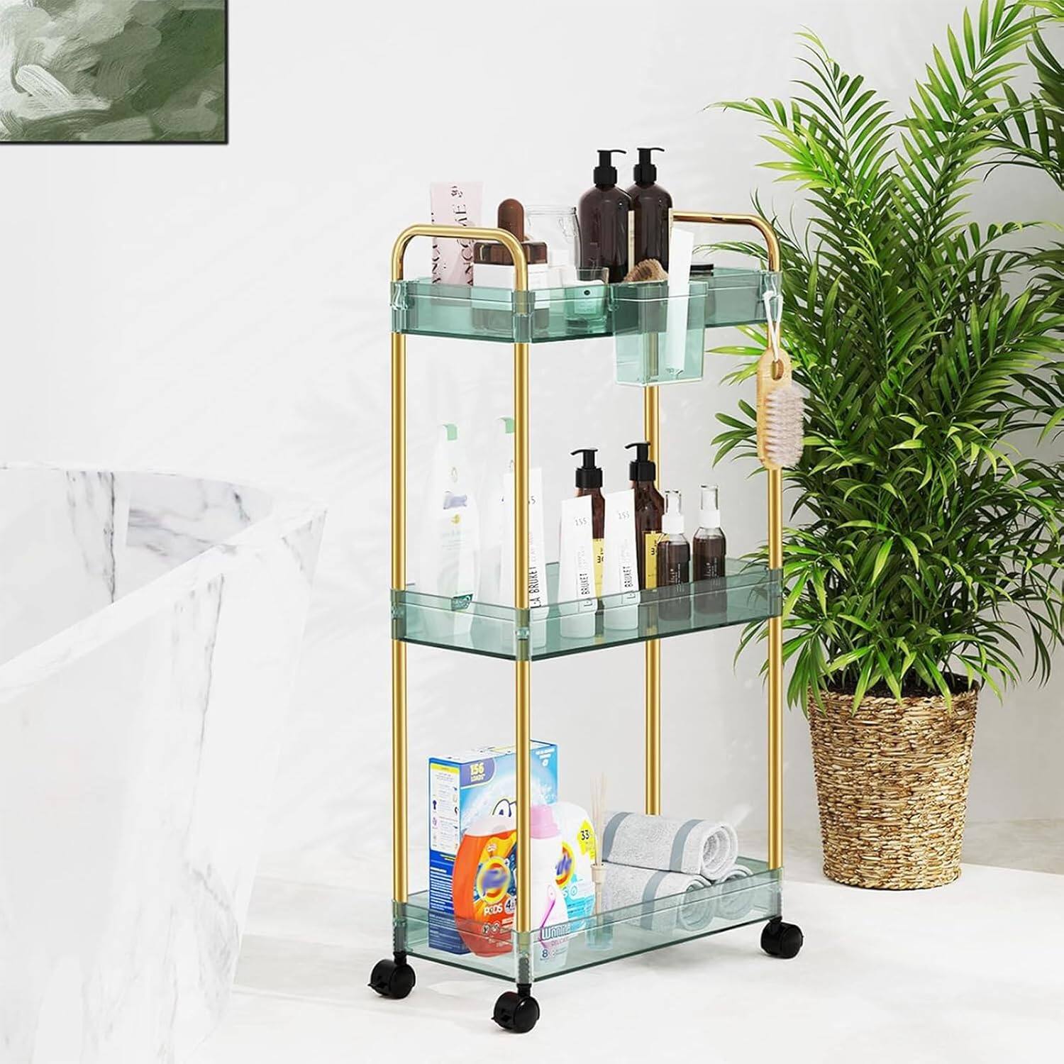 Alt View 5. Wikistore - 3-Tier Acrylic Rolling Cart, Clear Bathroom Organizer, Laundry Room Shelving Unit - Green.