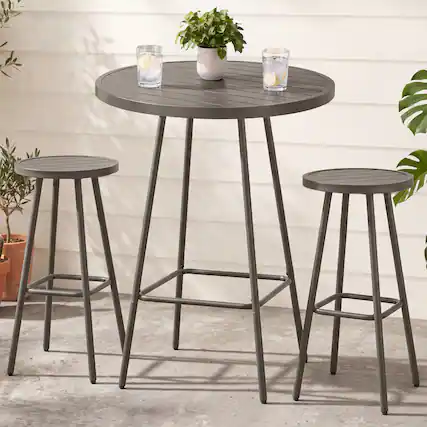 Front. Best Choice Products - Best Choice Products 3-Piece Steel Patio Bar Height Round Bistro Set w/ Backless Stools, Slatted Design - Taupe - Taupe.