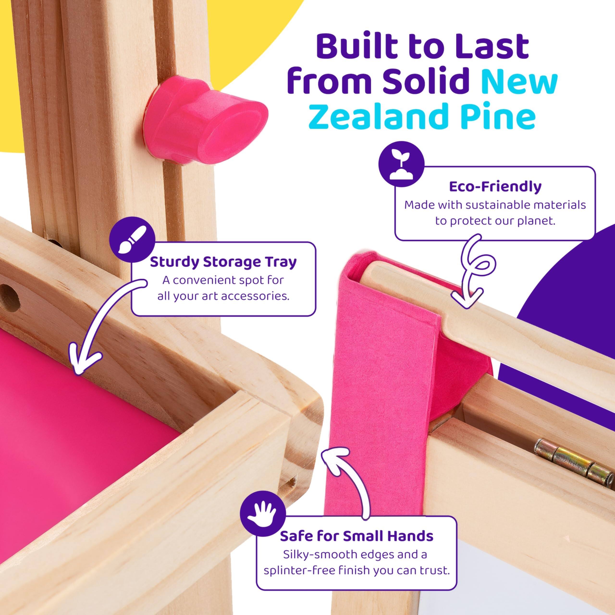 Built to Last from Solid New Zealand Pine

Eco-Friendly  
Made with sustainable materials to protect our planet.

Sturdy Storage Tray  
A convenient spot for all your art accessories.

Safe for Small Hands  
Silky-smooth edges and a splinter-free finish you can trust.