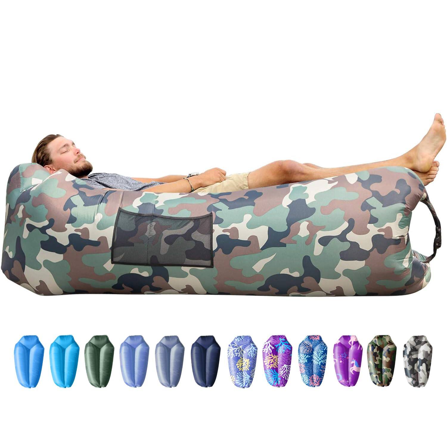 Front. JETRANSPORT - Inflatable Lounger Beach Chair Accessories Air Sofa Hammock Couch For Camping Backyard Lakeside With Sacks - Camo Green.