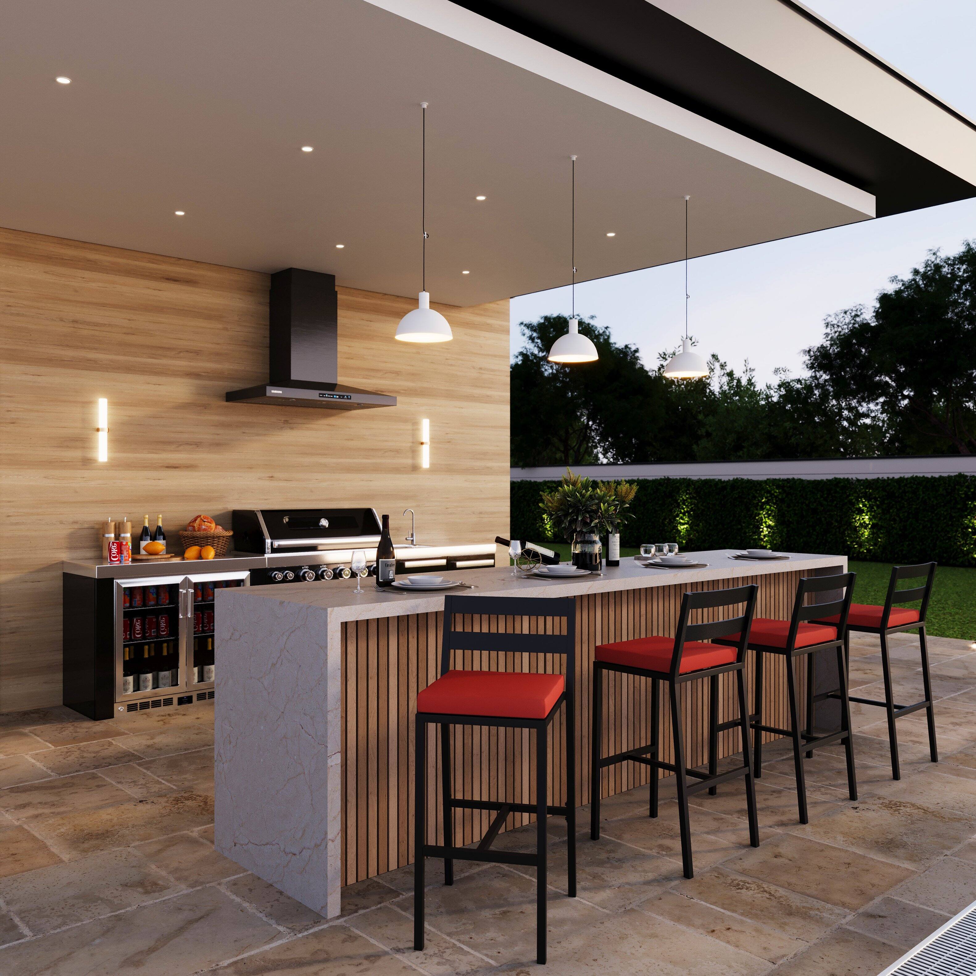 Angle. LeisureMod - Chelsea Outdoor Patio Bar Stool, Weather Resistant Aluminum Counter Chair with Olefin Cushion - Cherry.