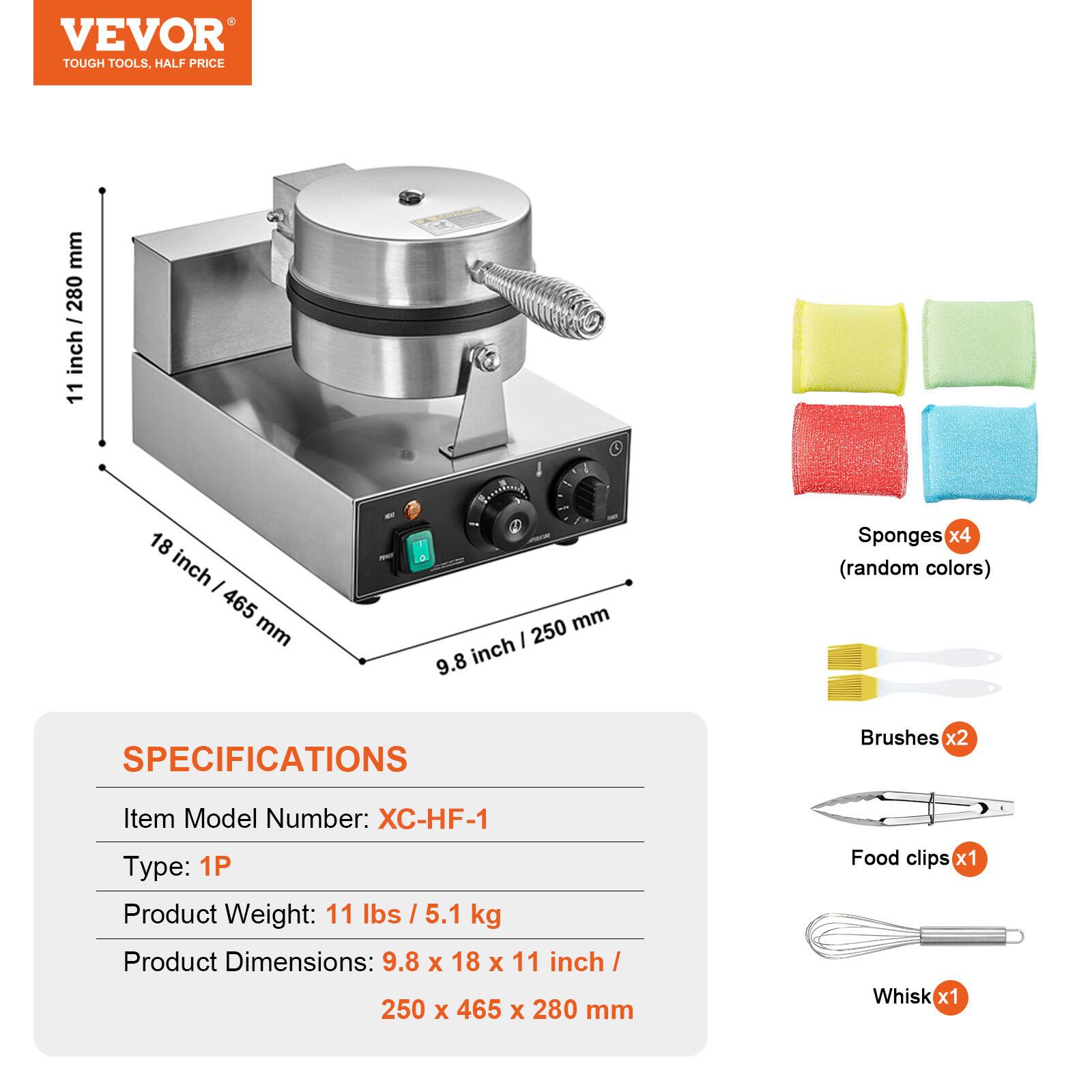 VEVOR TOUGH TOOLS, HALF PRICE

mm 280 / inch 11  
C  
18 inch 465 mm  
250 mm 9.8 inch  

Sponges x4 (random colors)  
Brushes x2  
Food clips x1  
Whisk x1  

SPECIFICATIONS  
Item Model Number: XC-HF-1  
Type: 1P  
Product Weight: 11 lbs / 5.1 kg  
Product Dimensions: 9.8 X 18 X 11 inch / 250 X 465 X 280 mm
