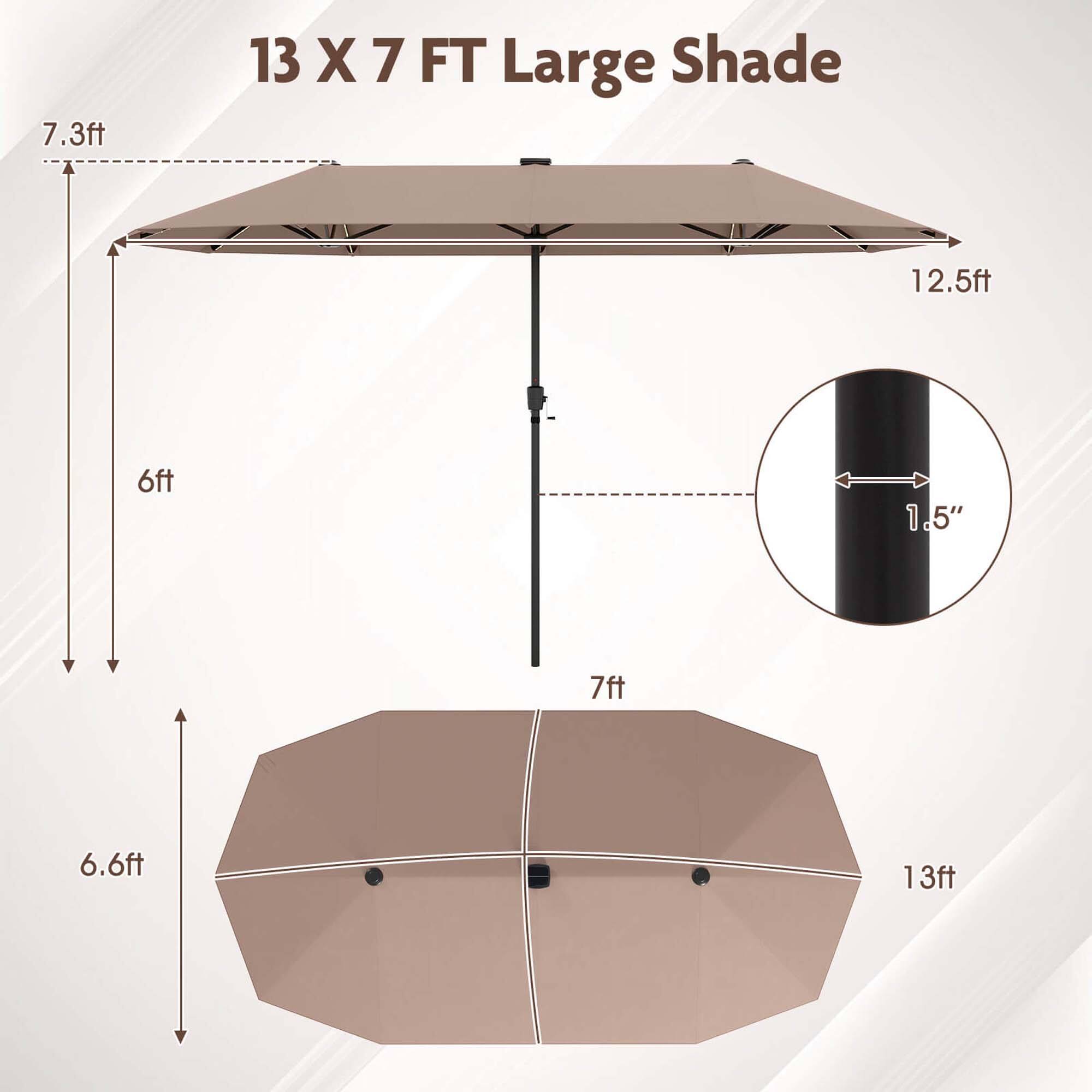 13 X 7 FT Large Shade: 12.5ft 6ft 1.5" 7ft 6.6ft 13ft
