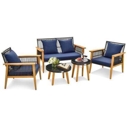Front. Kadyn - 5 Pc Outdoor Conversation Set Wicker Woven Sofa Set, Small Patio Conversation Furniture Set with 2 Tempered Glass Coffee - Blue.