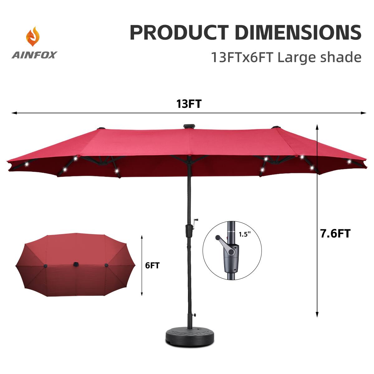 3 AINFOX PRODUCT DIMENSIONS 13FTx6FT Large shade 13FT 1.5" 7.6FT 6FT
