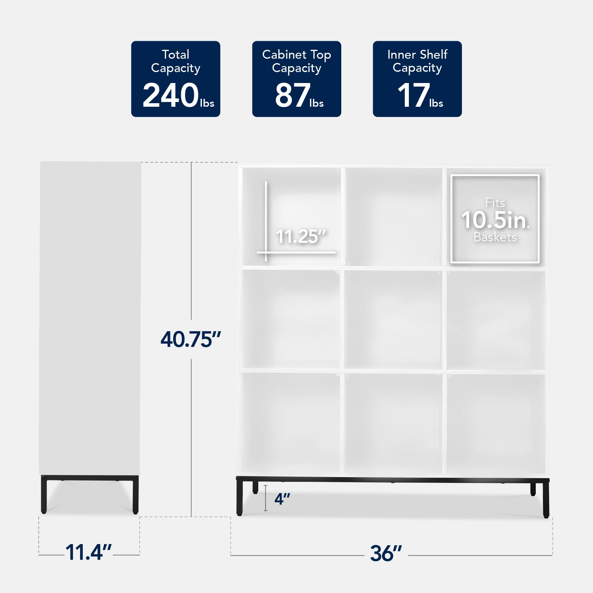 Total Capacity: 240 lbs  
Cabinet Top Capacity: 87 lbs  
Inner Shelf Capacity: 17 lbs  
Fits 10.5in Baskets  
Dimensions: 40.75" x 11.25" x 36"  
Shelf Depth: 11.4"  
Shelf Height: 4"  
Overall Height: 40.75"