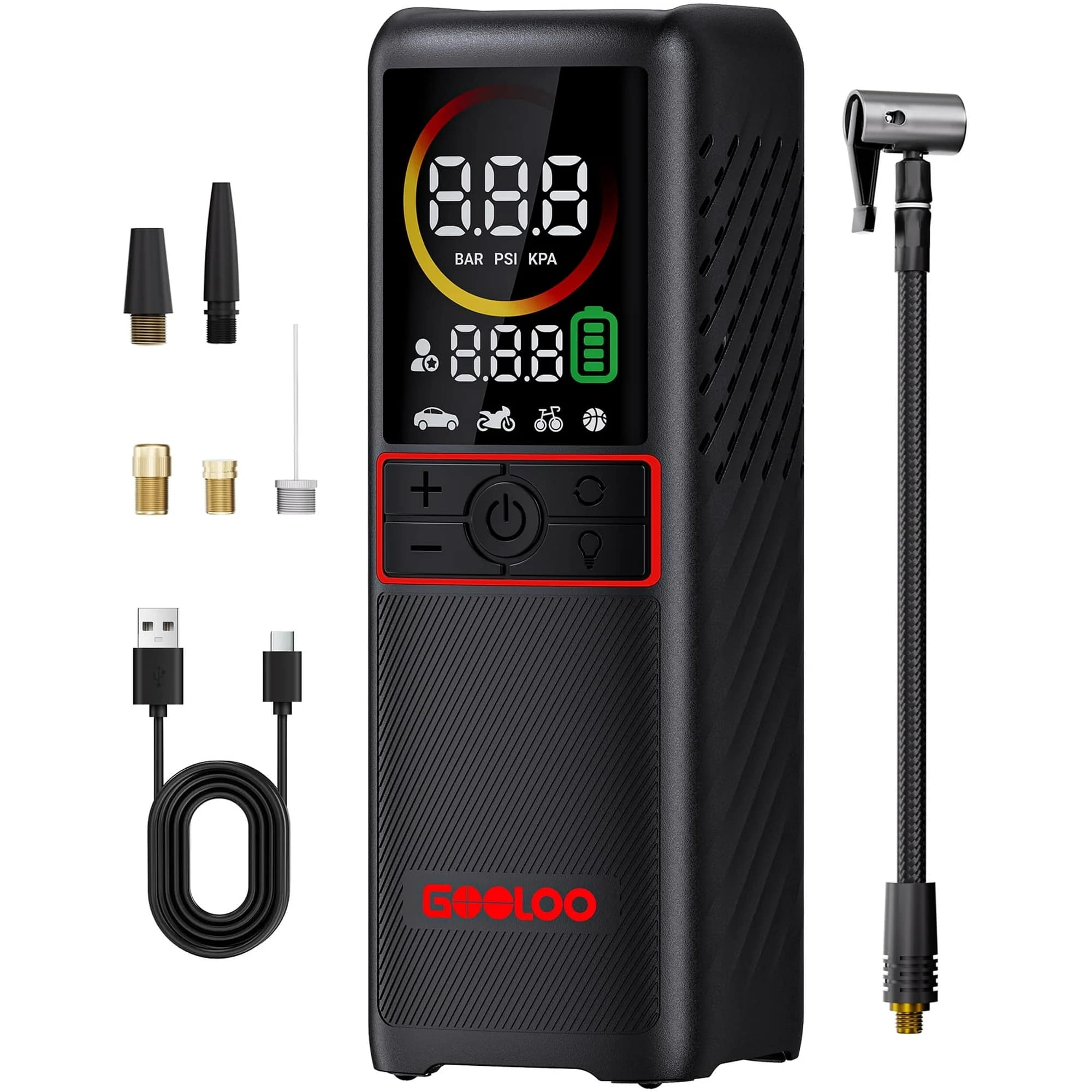GOOLOO - GT160 Tire Inflator Air Compressor, 160PSI, 7500mAh Cordless Air Pump with Digital Pressure For Cars, Motorcycles - Black