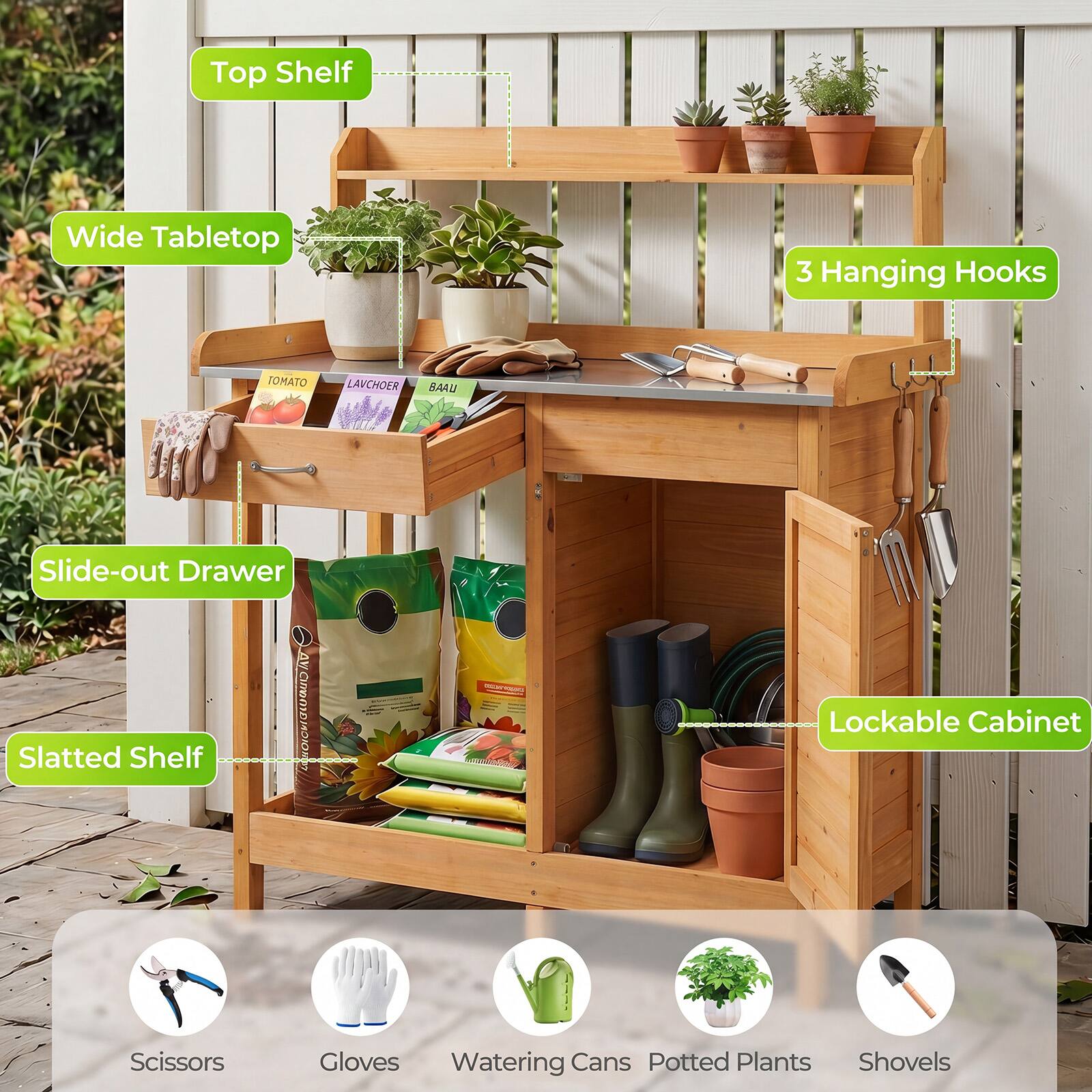 Top Shelf Wide Tabletop 3 Hanging Hooks TOMATO LAVENDER BAAU Slide-out Drawer Slatted Shelf A Lockable Cabinet Scissors Gloves Watering Cans Potted Plants Shovels