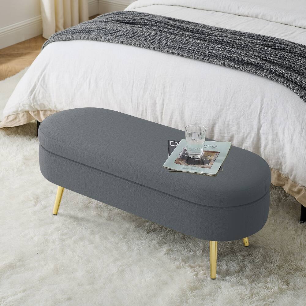 Left. Ropilly - Ropilly Oval Storage Ottoman Bench, Dark Gray Flannel Extra Seating with Metal Legs - Dark Gray.