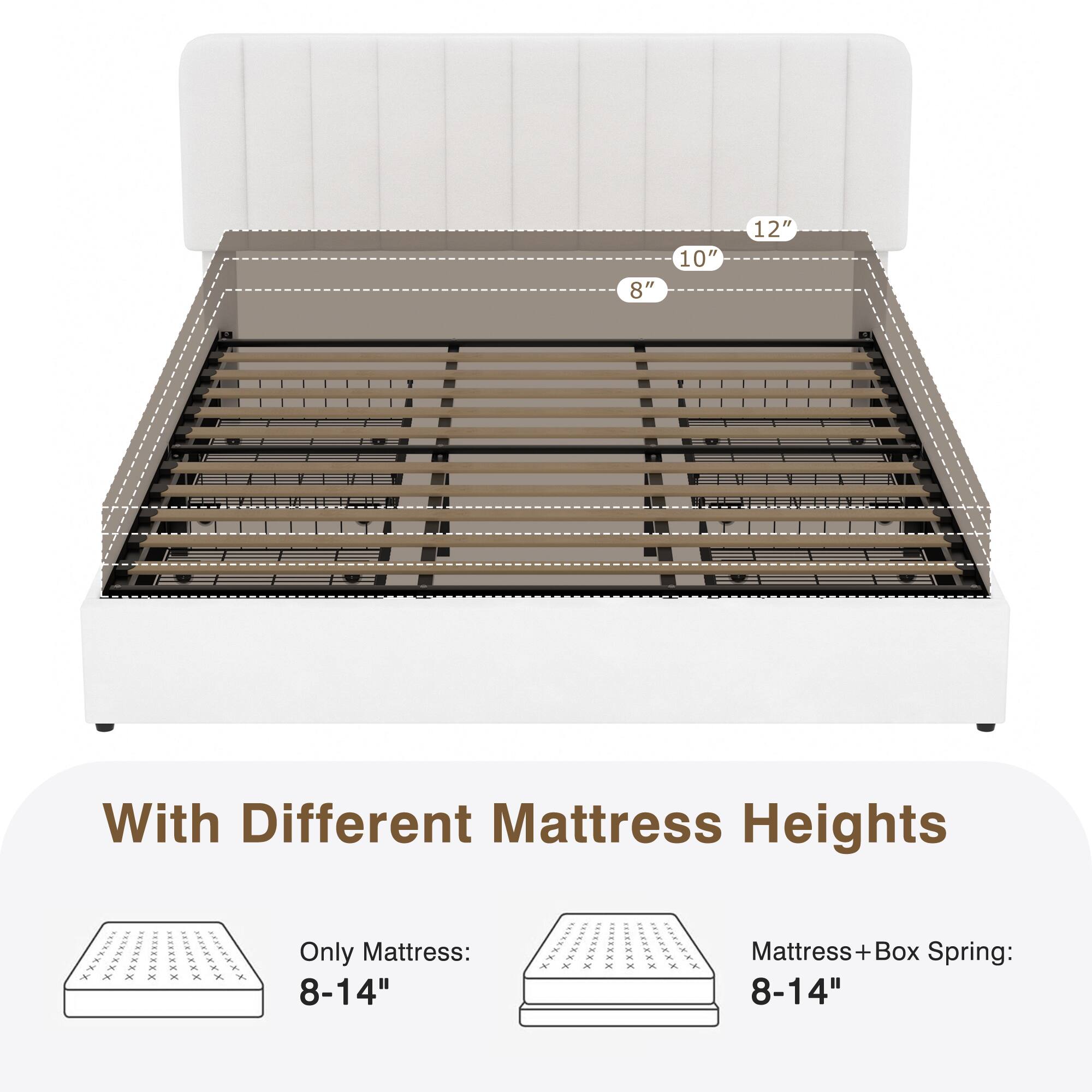 8" 10" 12"  
With Different Mattress Heights  
Only Mattress: 8-14"  
Mattress + Box Spring: 8-14"