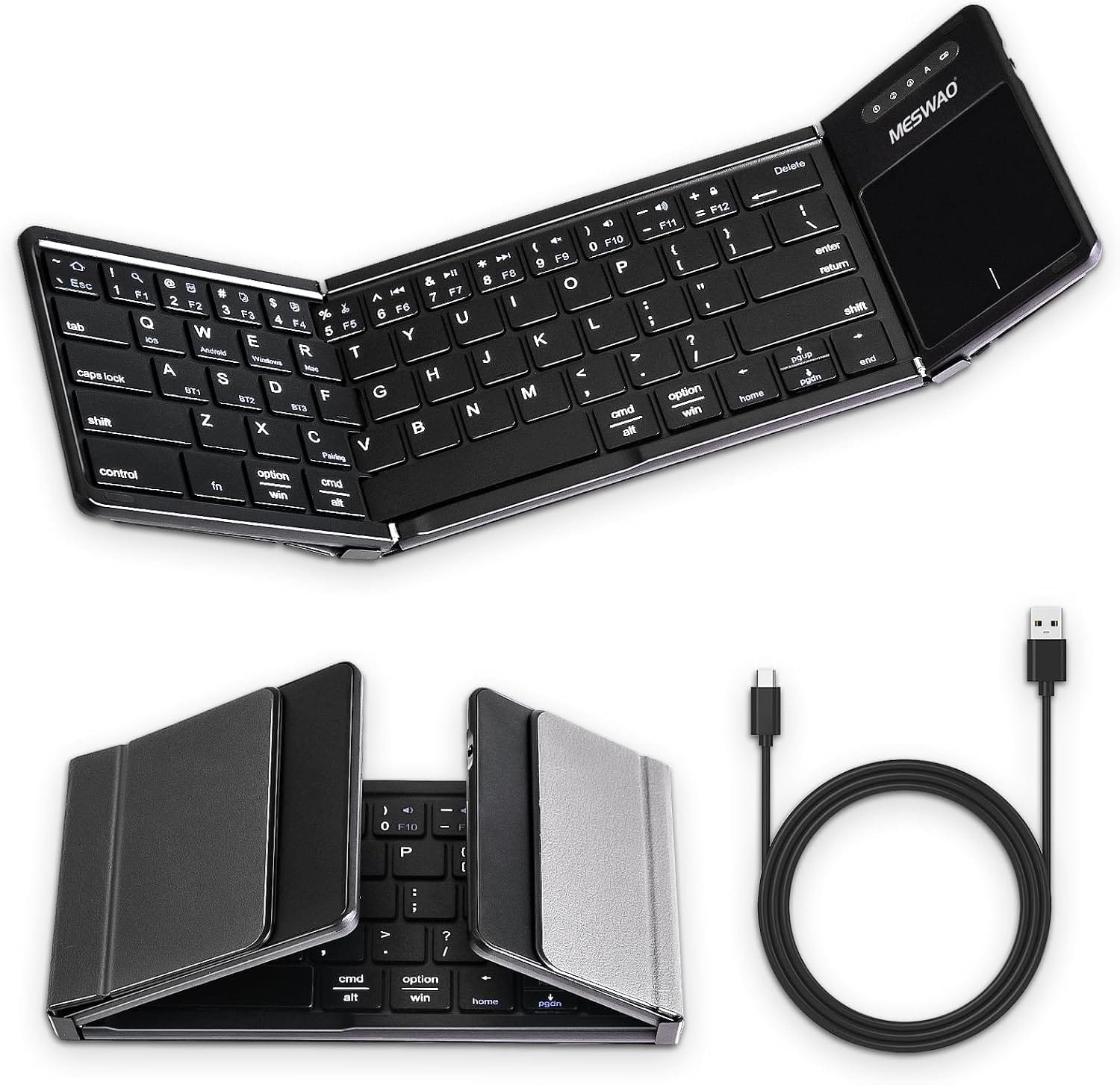 MESWAO - Foldable Bluetooth Keyboard with Touchpad, Full-Size Wireless Tri-Fold Keyboard for Android, Windows and iOS - Black