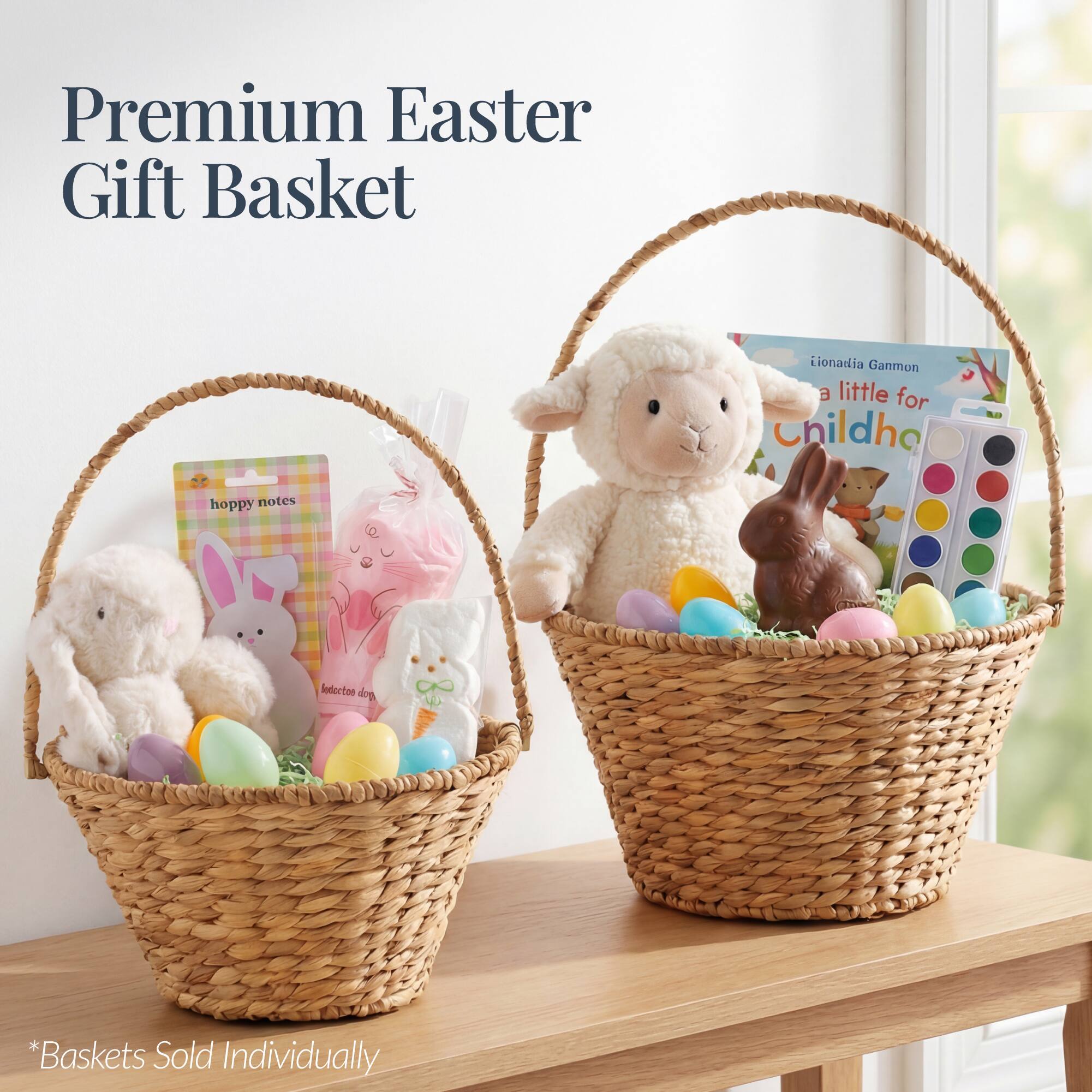 Premium Easter Gift Basket  
Lionadia Ganmon a little for Childhood  
hoppy notes  
Senocte dop  
*Baskets Sold Individually