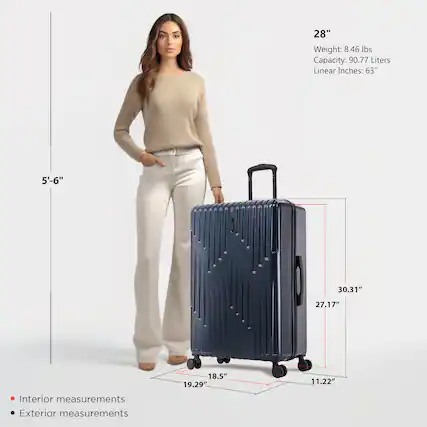 - **Height:** 28"
- **Weight:** 8.46 lbs
- **Capacity:** 90.77 Liters
- **Linear Inches:** 63"
**Exterior Measurements:**
- **Height:** 28"
- **Width:** 30.31"
- **Depth:** 27.17"
- **Handle Height:** 5'-6"
**Interior Measurements:**
- **Width:** 19.29"
- **Depth:** 18.5"
- **Height:** 11.22"
