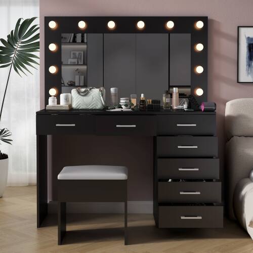 Alt View 6. Winado - Vanity Makeup Table Set Dressing Desk Glass Visual Desktop with LED Lighted Mirror, 7 Drawers,USB Ports - Black.