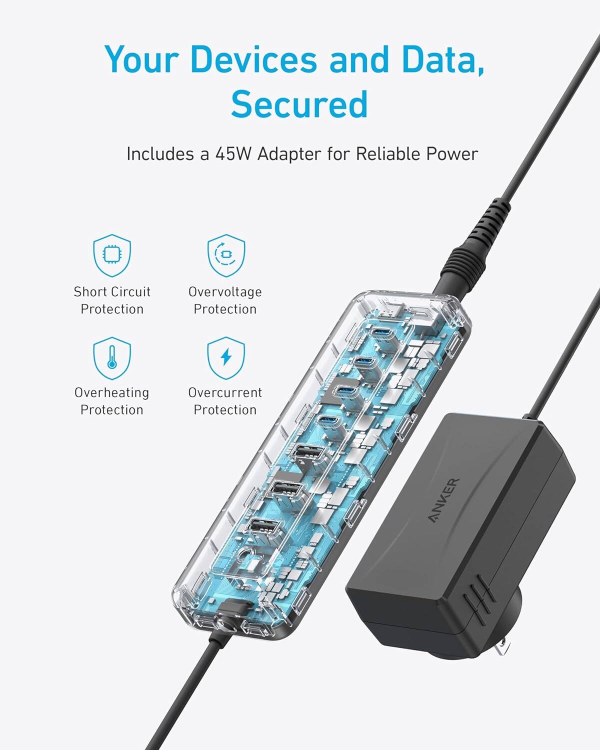 Your Devices and Data, Secured

Includes a 45W Adapter for Reliable Power

- Short Circuit Protection
- Overvoltage Protection
- Overheating Protection
- Overcurrent Protection

ANKER
