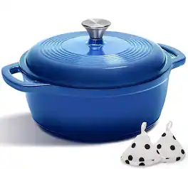 FINEAK - 5QT Enameled Cast Iron Dutch Oven with Potholders for Versatile Cooking - Blue