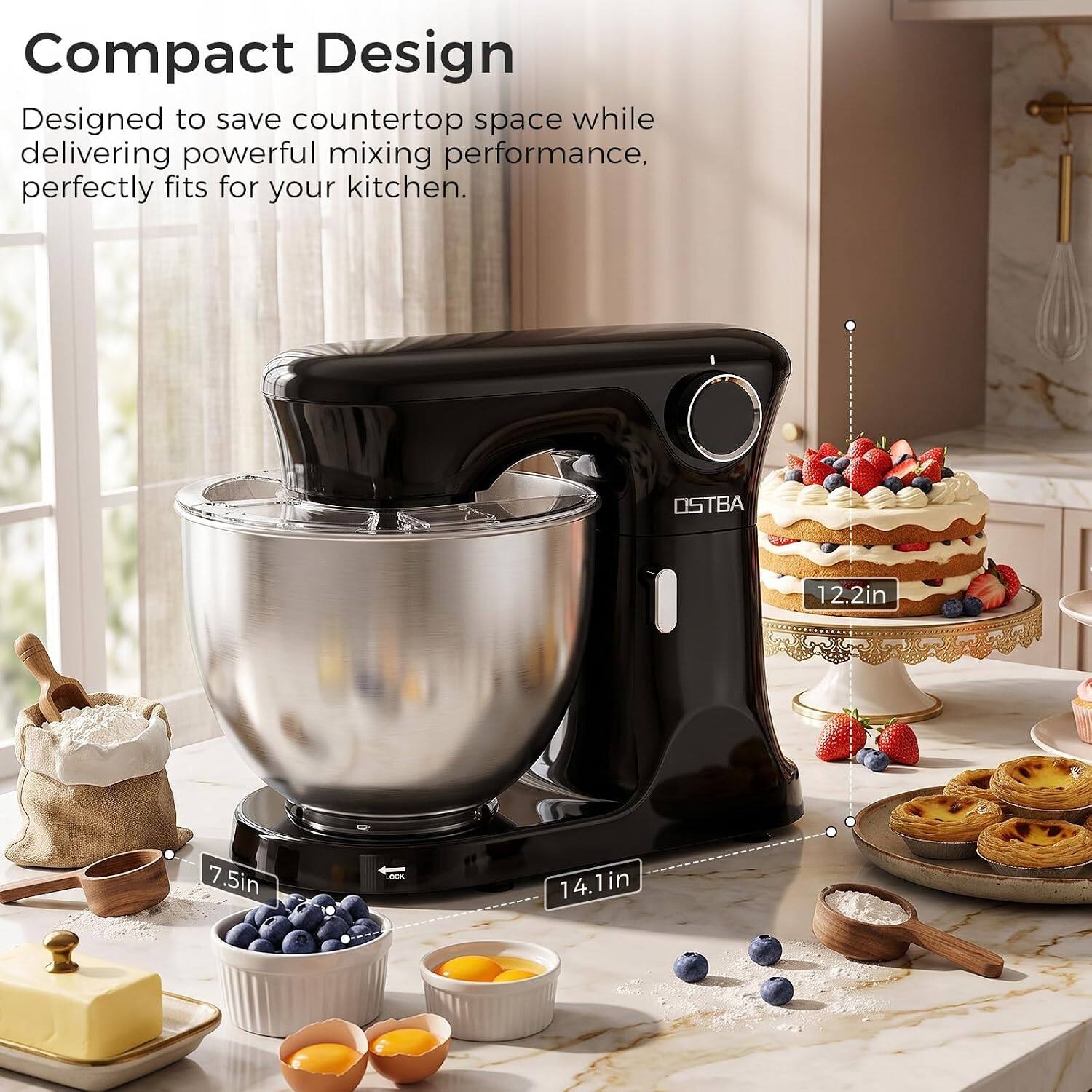 Compact Design  
Designed to save countertop space while delivering powerful mixing performance, perfectly fits for your kitchen.  

OSTBA  
12.2in  
7.5in  
14.1in