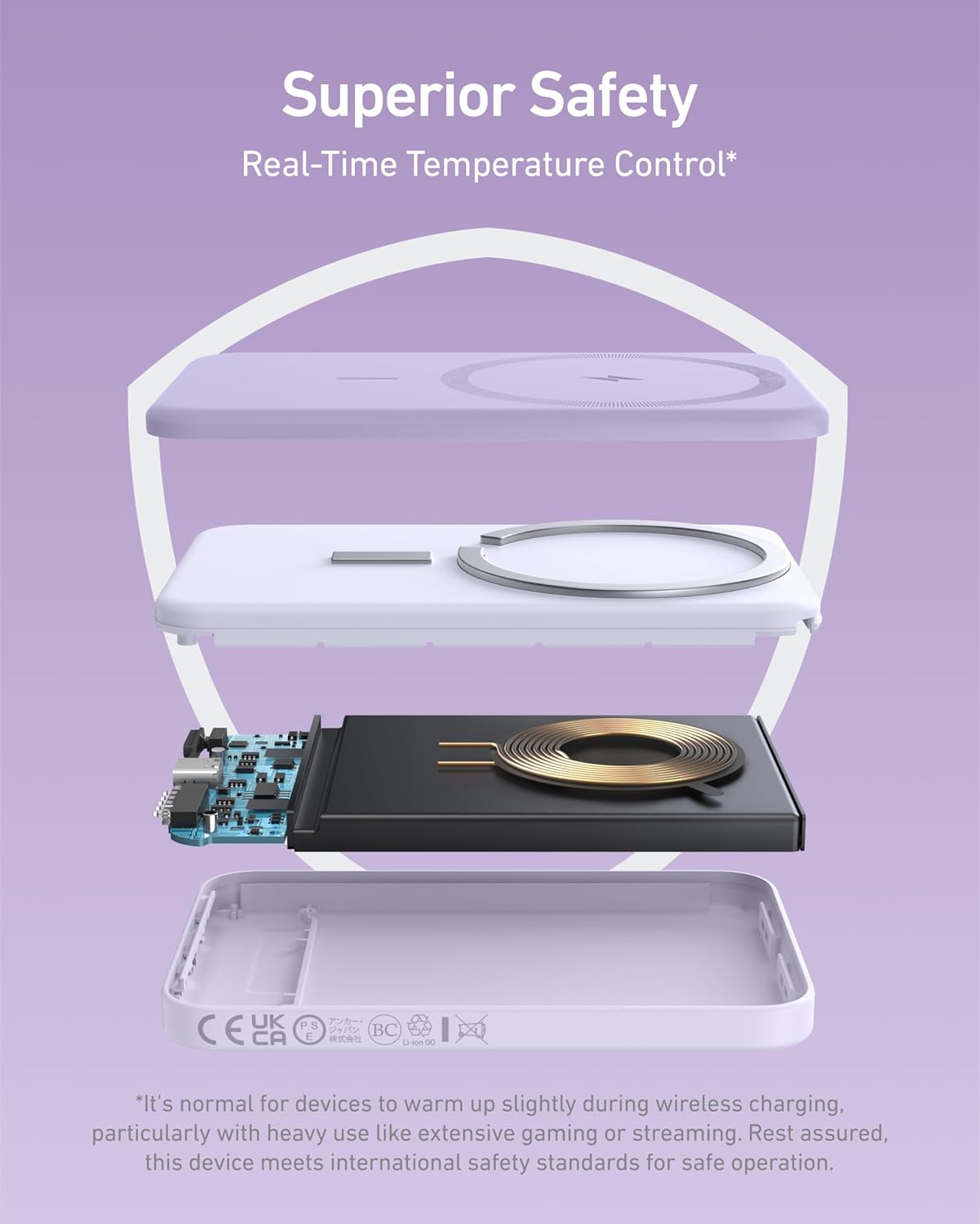 Superior Safety  
Real-Time Temperature Control*

*It's normal for devices to warm up slightly during wireless charging, particularly with heavy use like extensive gaming or streaming. Rest assured, this device meets international safety standards for safe operation.