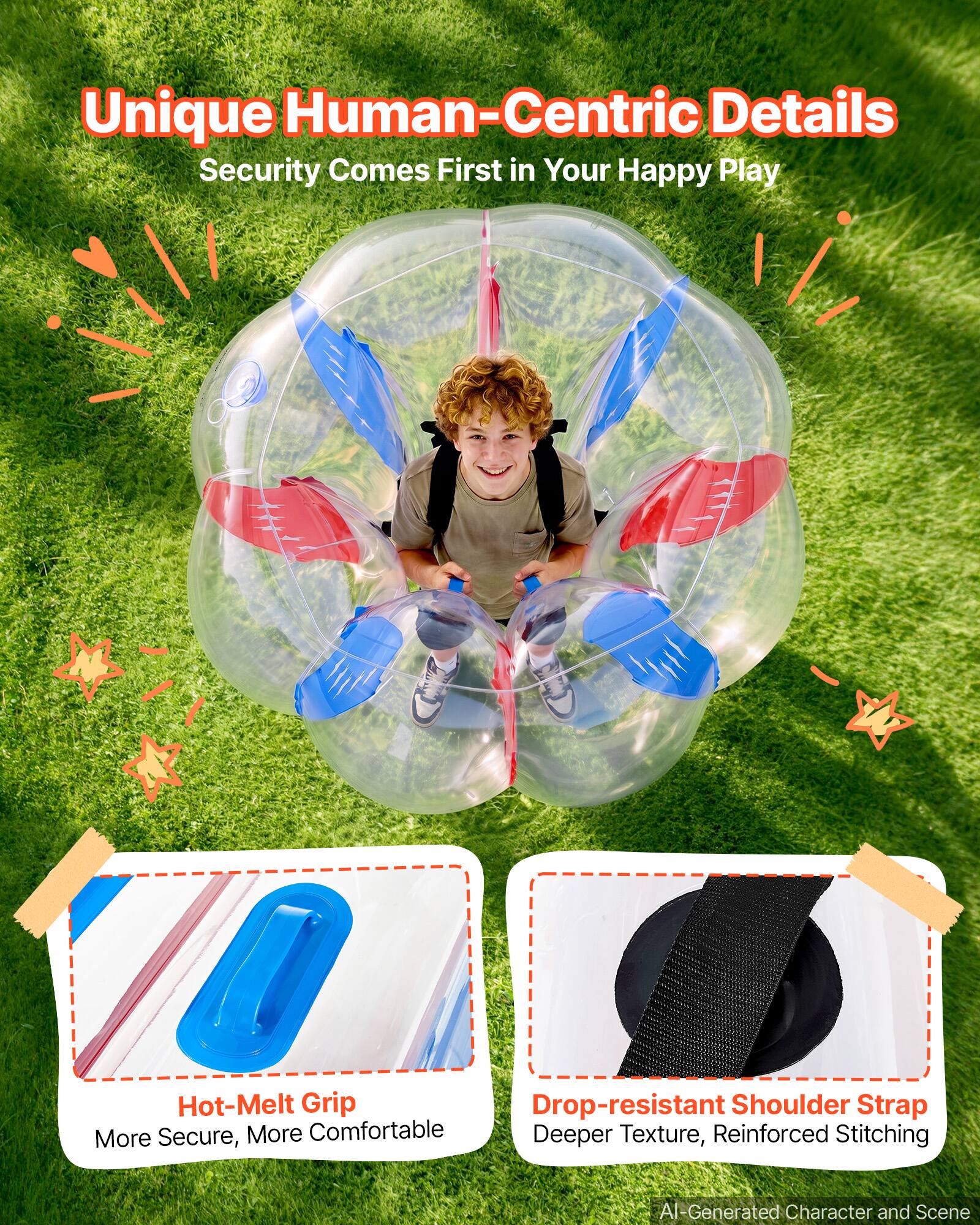 Unique Human-Centric Details  
Security Comes First in Your Happy Play  

Hot-Melt Grip  
More Secure, More Comfortable  

Drop-resistant Shoulder Strap  
Deeper Texture, Reinforced Stitching  

AI-Generated Character and Scene