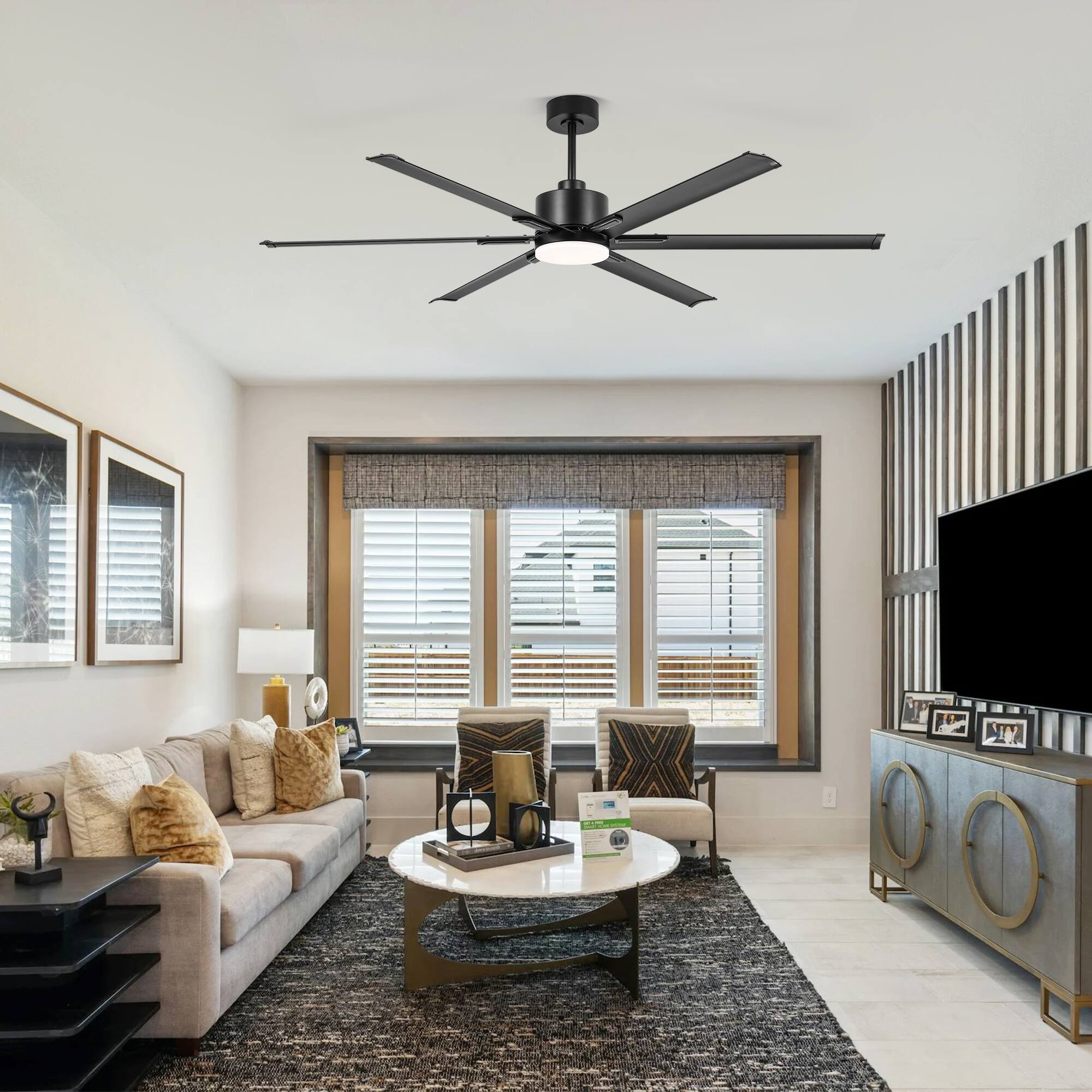 Angle. Breezary - 72-Inch Ceiling Fan with LED Light, DC Motor, 6 Aluminum Blades, Remote Control, 6 Speeds, Downrod Mount - Matte Black.