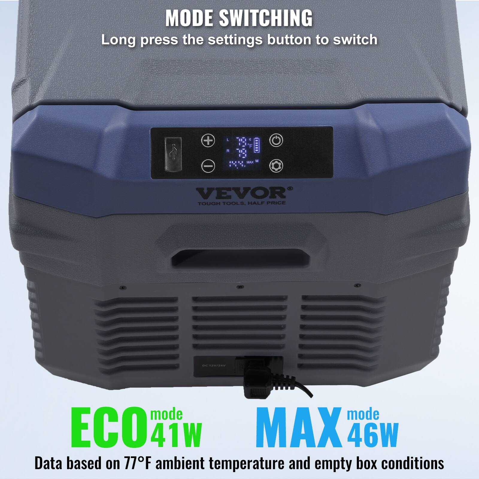 MODE SWITCHING Long press the settings button to switch + & a 1 - MAX M - VEVOR TOUGH TOOLS, HALF PRICE -- ECO mode 41W MAX mode 46W Data based on 77F ambient temperature and empty box conditions