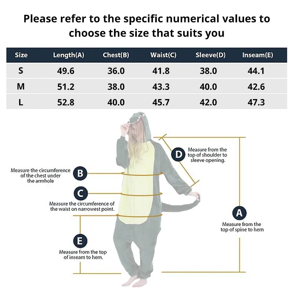 Please refer to the specific numerical values to choose the size that suits you

| Size | Length(A) | Chest(B) | Waist(C) | Sleeve(D) | Inseam(E) |
|------|----------|---------|---------|----------|----------|
| S    | 49.6     | 36.0    | 41.8    | 38.0     | 44.1     |
| M    | 51.2     | 38.0    | 43.3    | 40.0     | 42.6     |
| L    | 52.8     | 40.0    | 45.7    | 42.0     | 47.3     |

- Measure from the top of shoulder to sleeve opening.
- Measure the circumference of the chest under the armhole.
- Measure the circumference of the waist on the narrowest point.
- Measure from the top of inseam to hem.
- Measure from the top of spine to hem.
