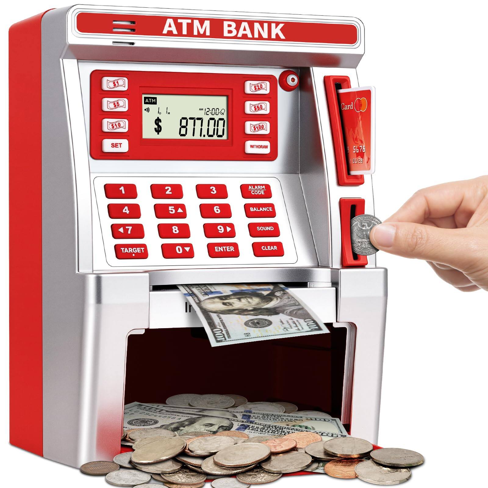 ATM BANK

ATM
$ 877.00

1 2 3
4 5 6
7 8 9
0

ALARM CODE
BALANCE
SOUND
TARGET
ENTER
CLEAR

$10
$20
$50
$100

WITHDRAW

Card
55 76