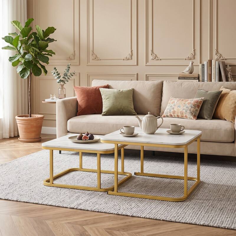 Angle. WELLFOR - Square Nesting Coffee Table Set of 2 with Faux Marble Top and Metal Frame, Coffee Table Set, Suitable for Living Rooms - White.