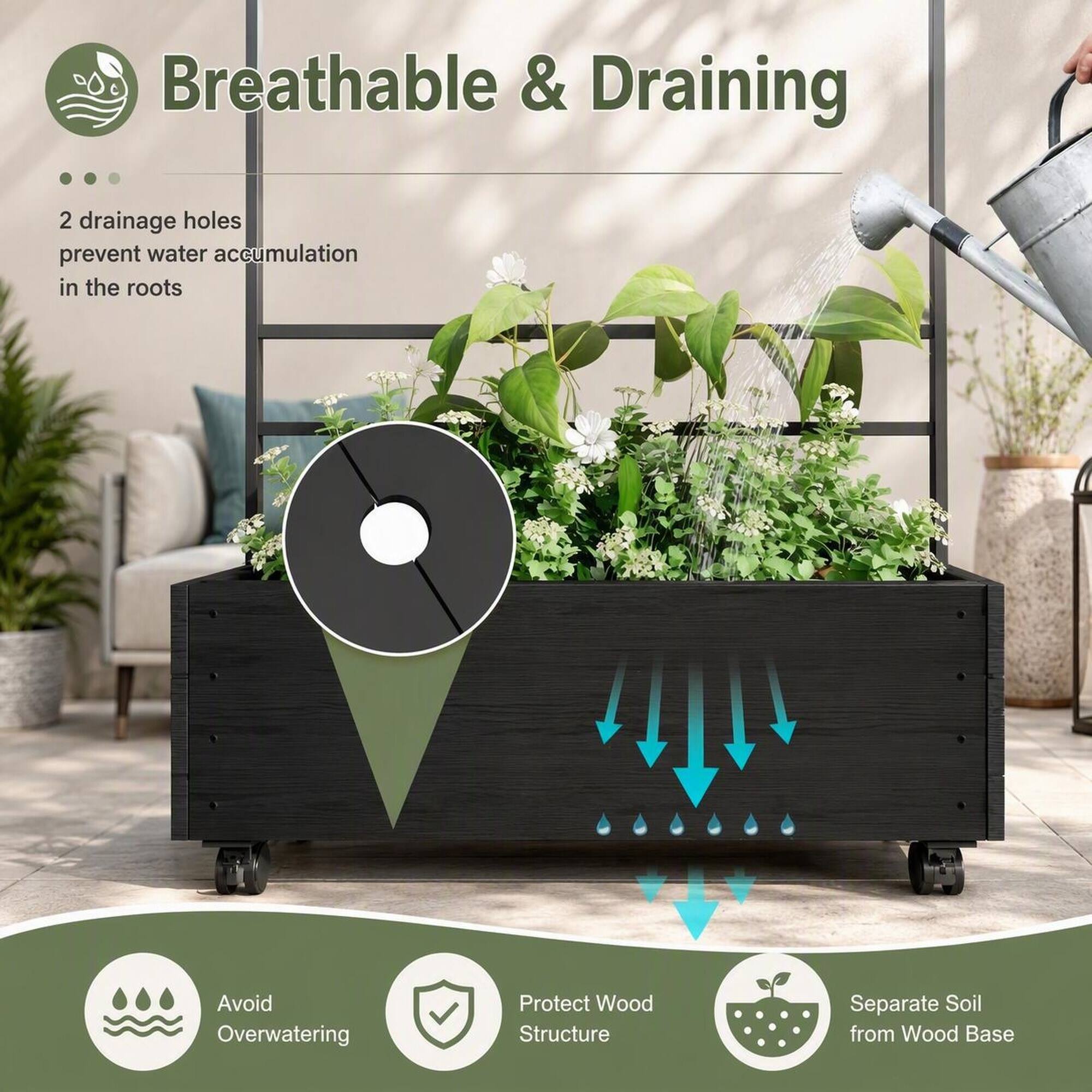 Breathable & Draining

2 drainage holes prevent water accumulation in the roots

Avoid Overwatering

Protect Wood Structure

Separate Soil from Wood Base