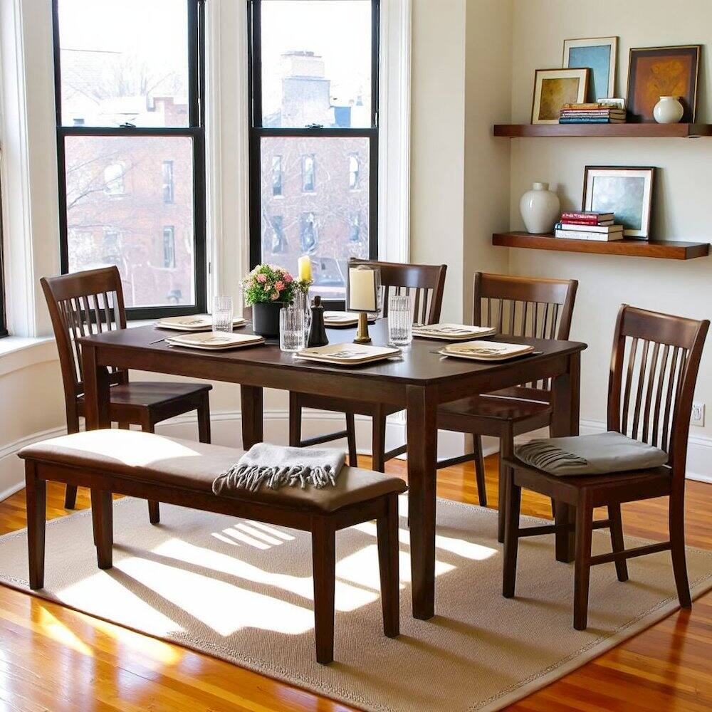 Alt View 5. FurniFact - Solid Wood Dining Table with Chairs and Bench, Kitchen Set for 6 People - Mahogany.