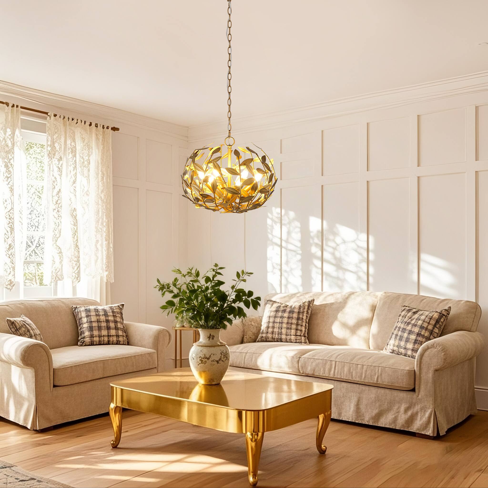 Angle. Parrot Uncle - 20" Modern 6-Light Gold Chandelier with Leaf Metal Shade - Gold.