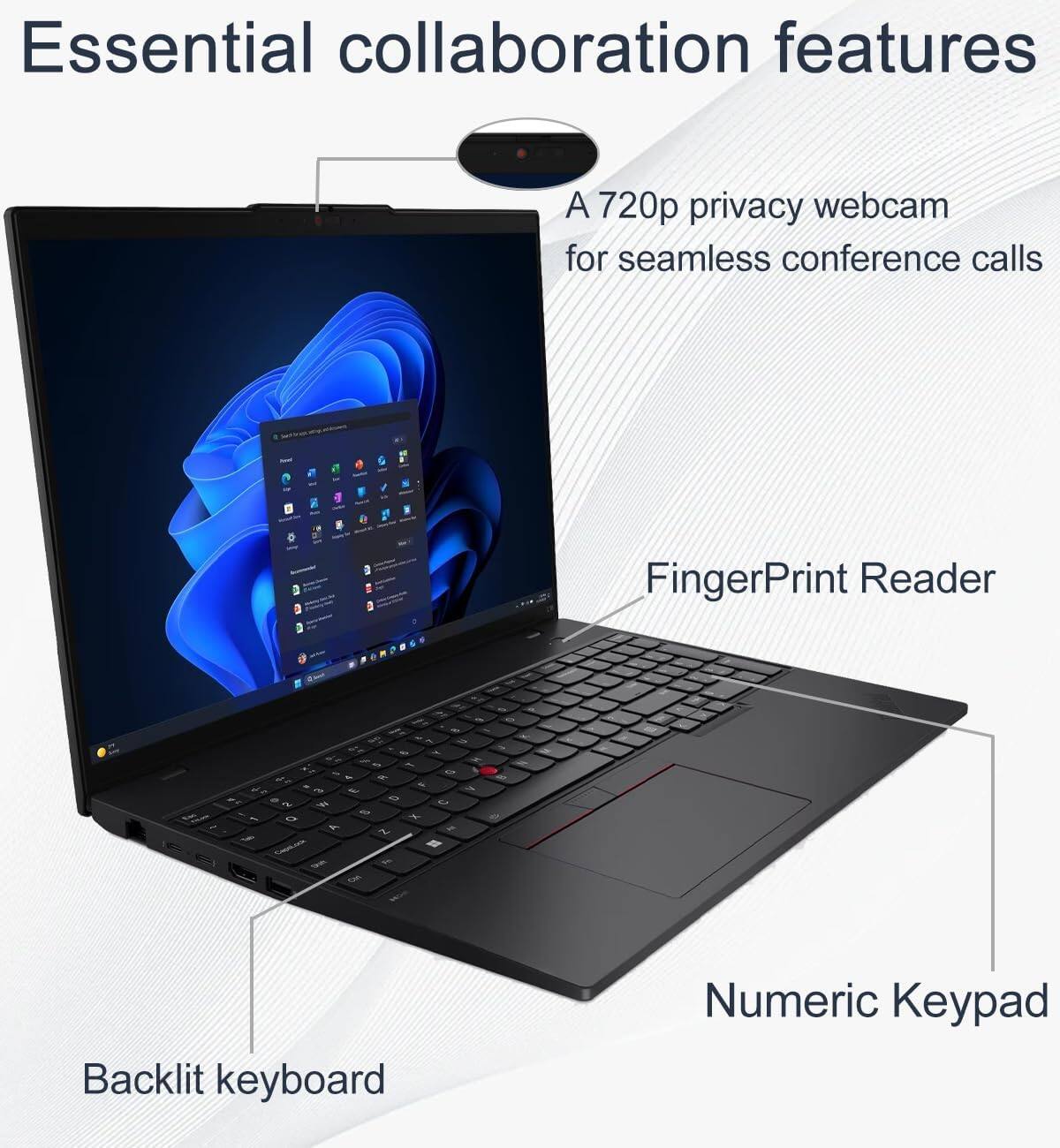 Essential collaboration features

- A 720p privacy webcam for seamless conference calls
- Fingerprint Reader
- Backlit keyboard
- Numeric Keypad